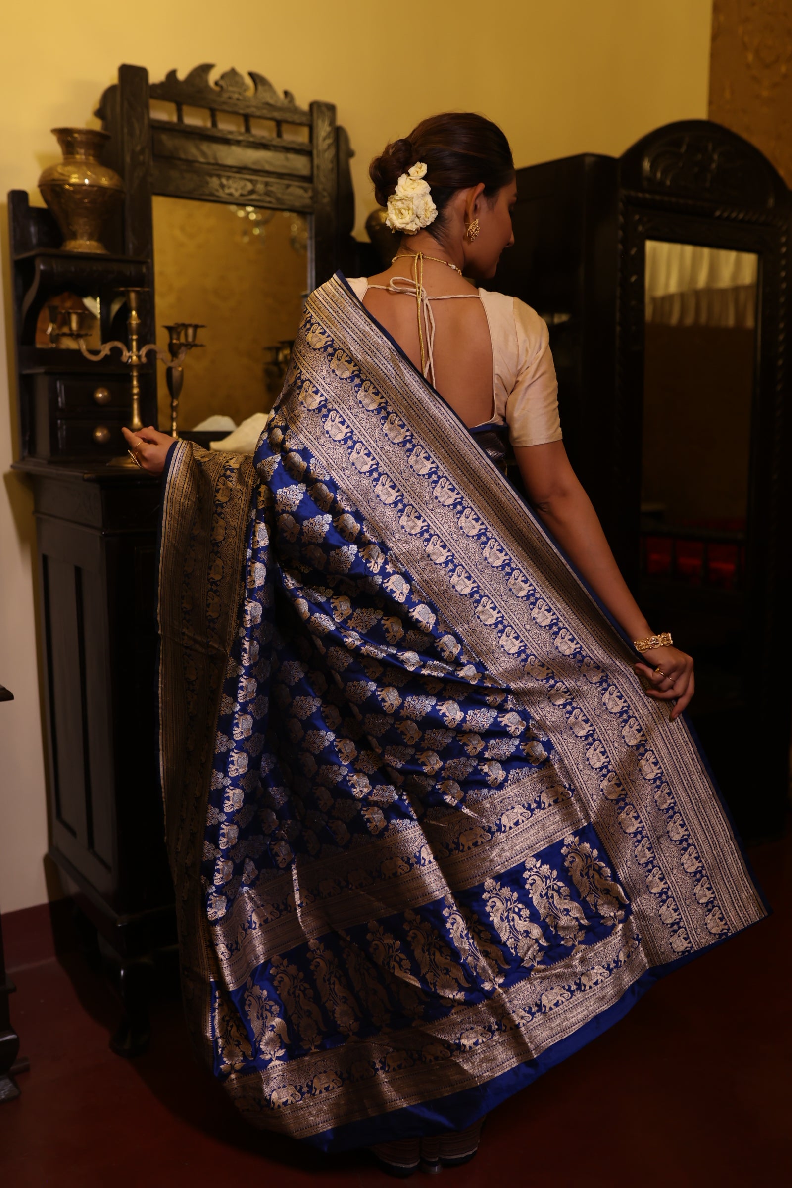 Gajalakshmi || Navy Blue Pure Katan Handloom Banarasi Shikargah Saree with all over Elephant motif in 'Sona-Rupa' Zari