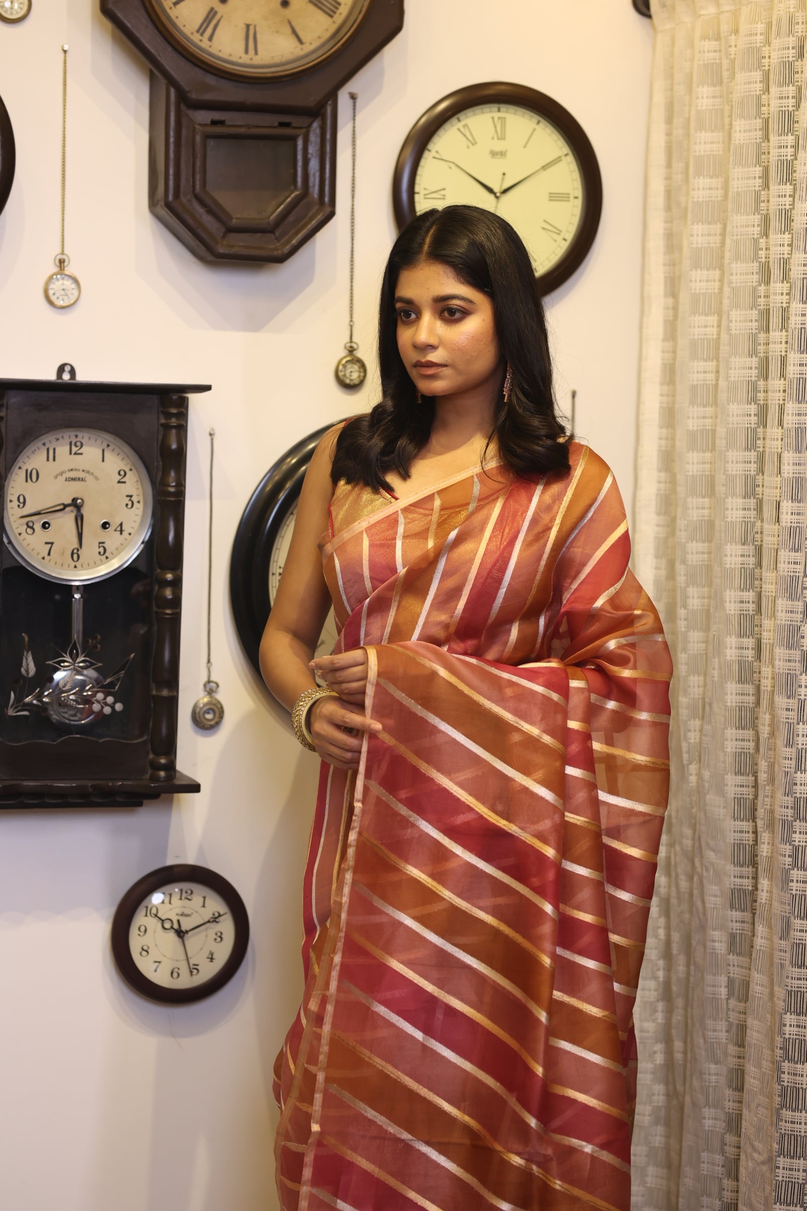 Tanvi || Rose Taupe, Mocha Gold & Onion Peel shade Rangkaat Kora Silk Handloom Banarasi Saree with half & half 'Sona-Rupa' Zari Kadhua Buta and Stripes