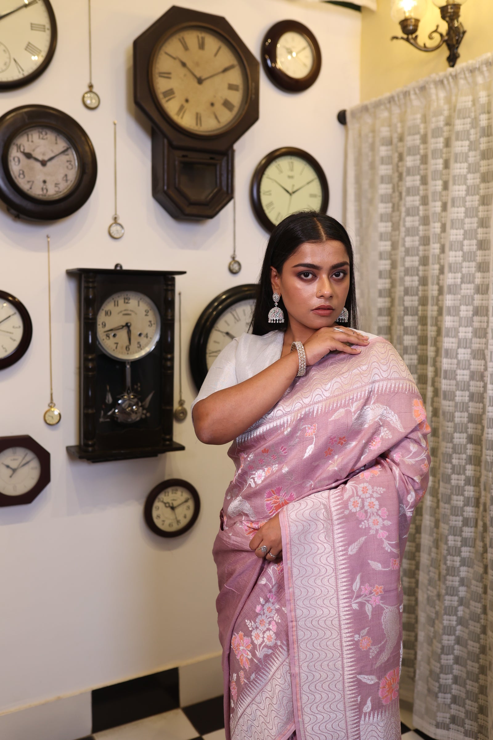 Prajakta || Pale Plum Pure Tussar Georgette Handloom Banarasi Saree with all over Matte Silver Zari Floral Jangla and Meenakari highlights