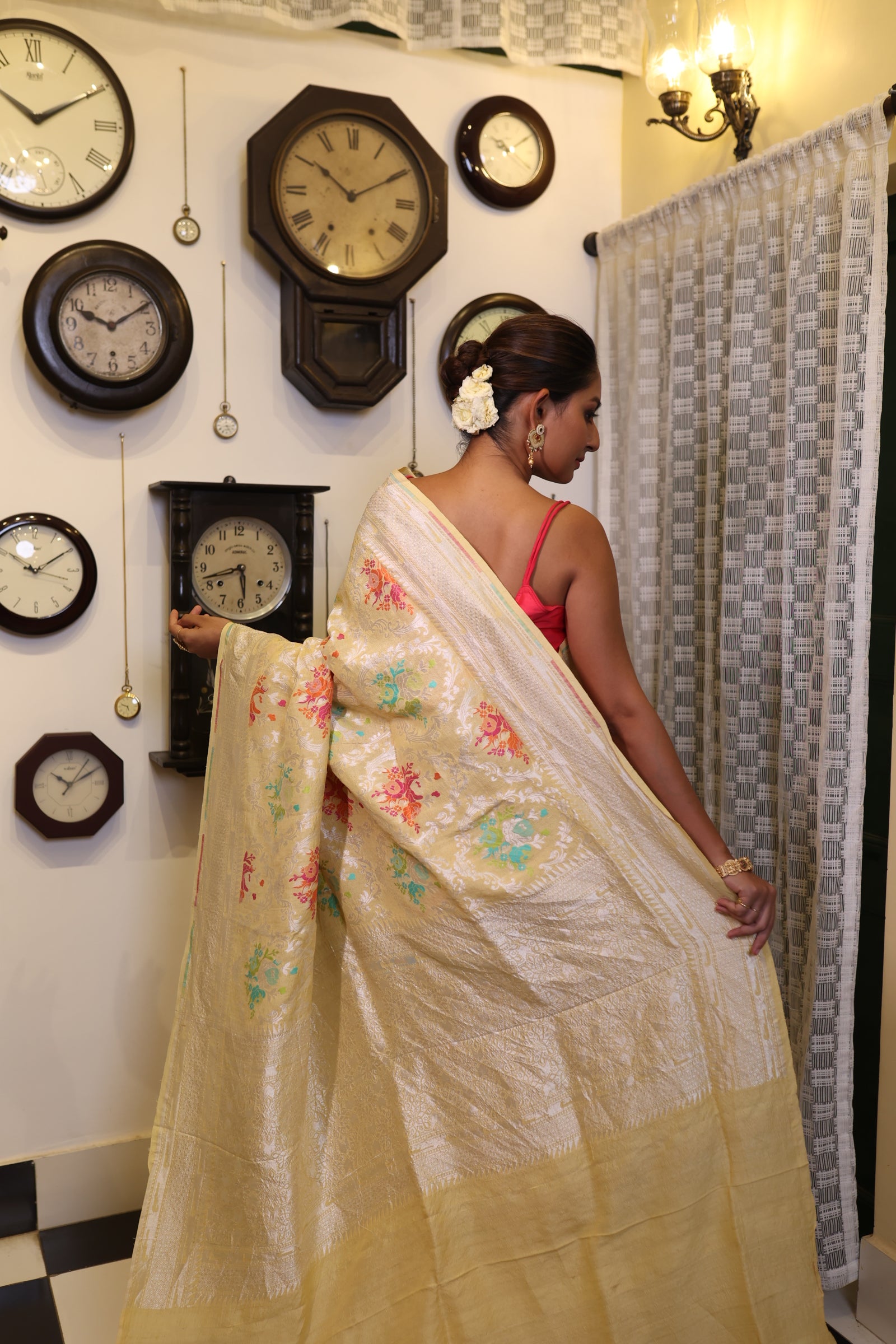 Rangili || Buttermilk Yellow Pure Tussar Georgette Handloom Banarasi Saree with all over Multi-colour Splash and Silver Zari Jaal