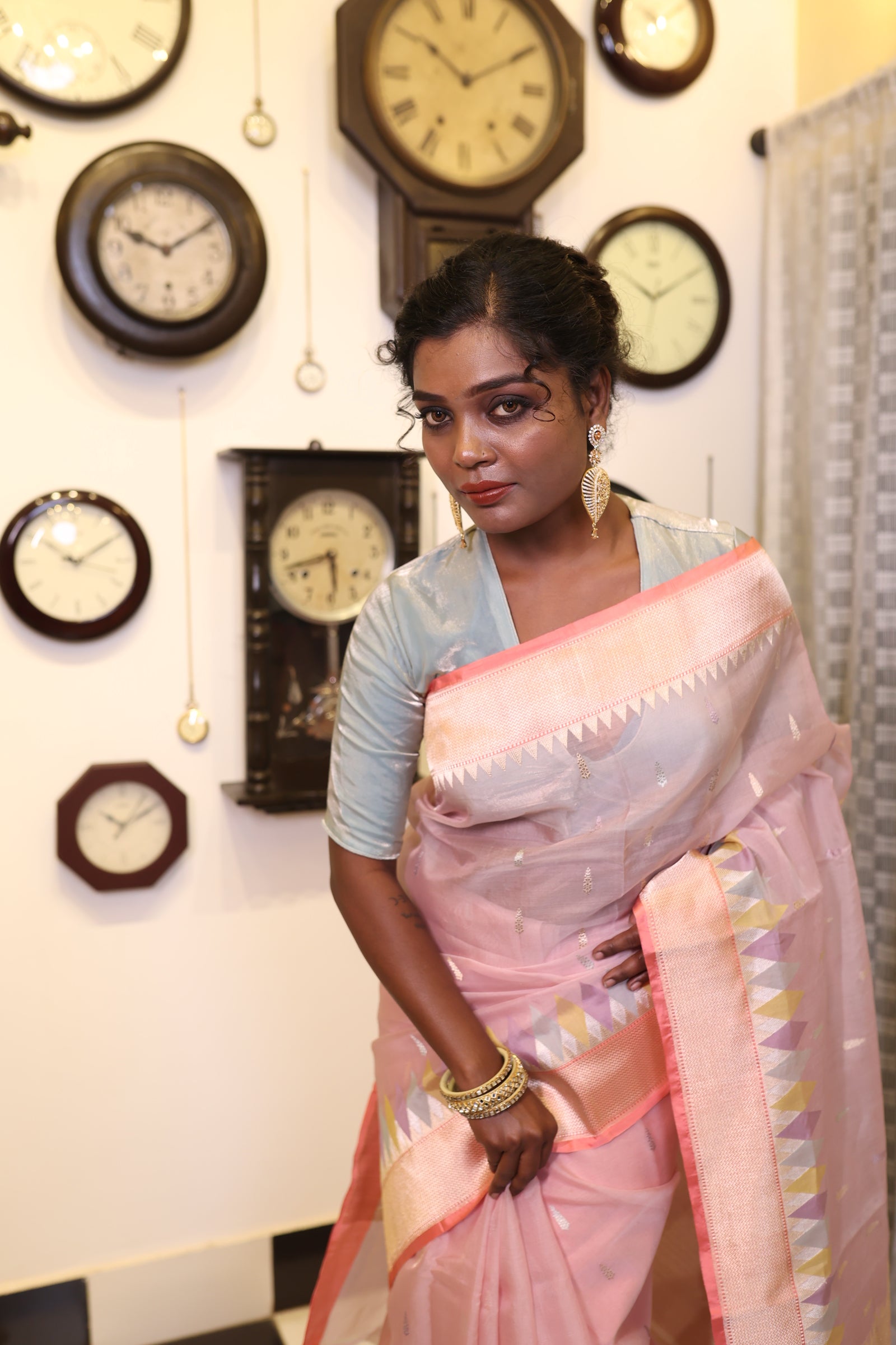 Udita || Pastel Pink Pure Kora Silk Handloom Banarasi Saree with all over 'Sona Rupa' Zari Kadhua Buta and Multi-colour Abstract designer border