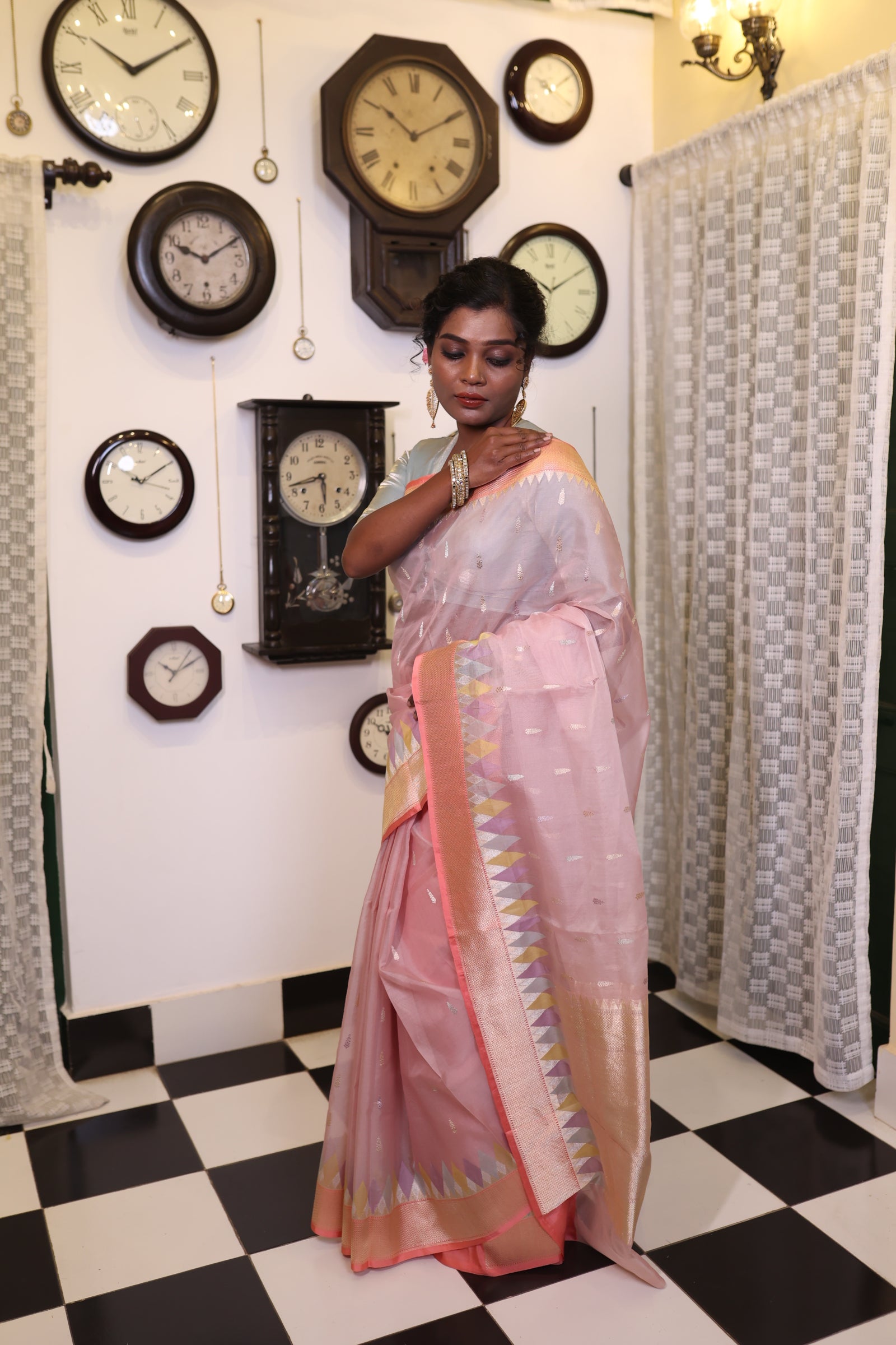Udita || Pastel Pink Pure Kora Silk Handloom Banarasi Saree with all over 'Sona Rupa' Zari Kadhua Buta and Multi-colour Abstract designer border