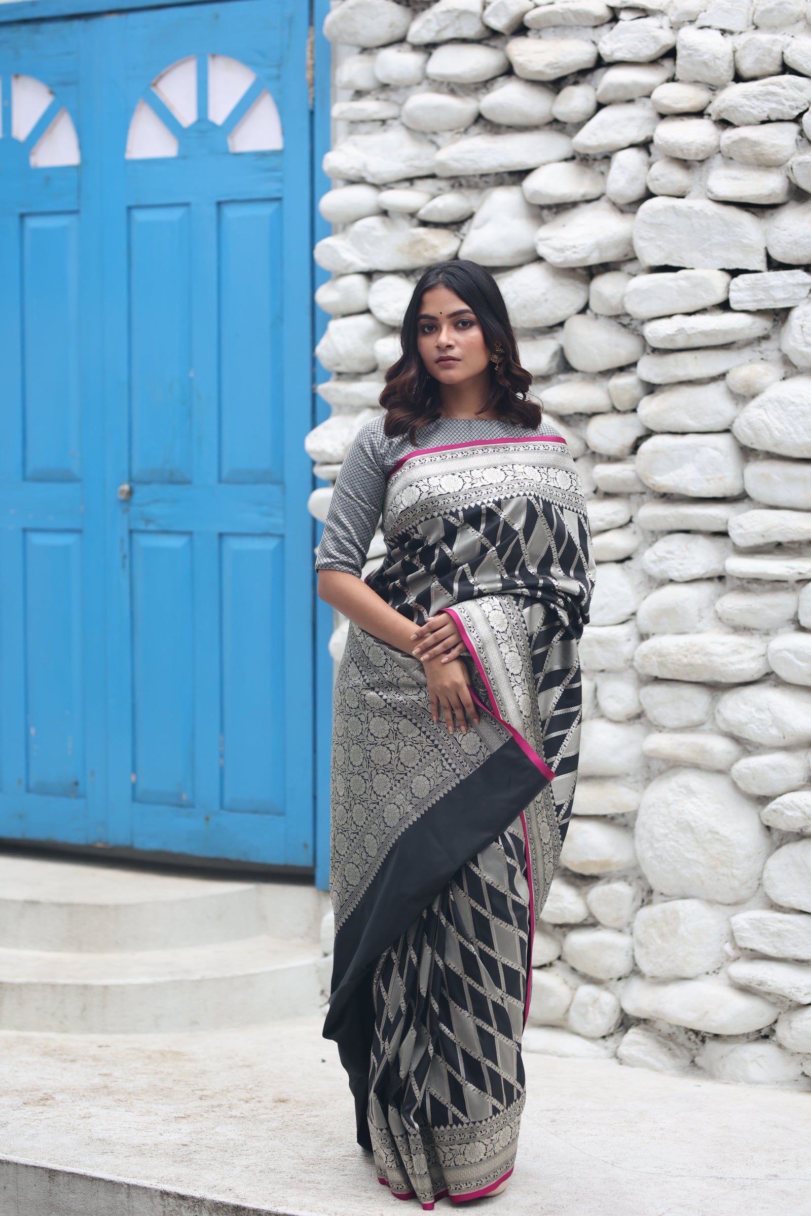 Kalika || Black & Grey Rangkaat Soft Katan Banarasi Saree with all over Silver Zari woven Stripes and Floral motif Border
