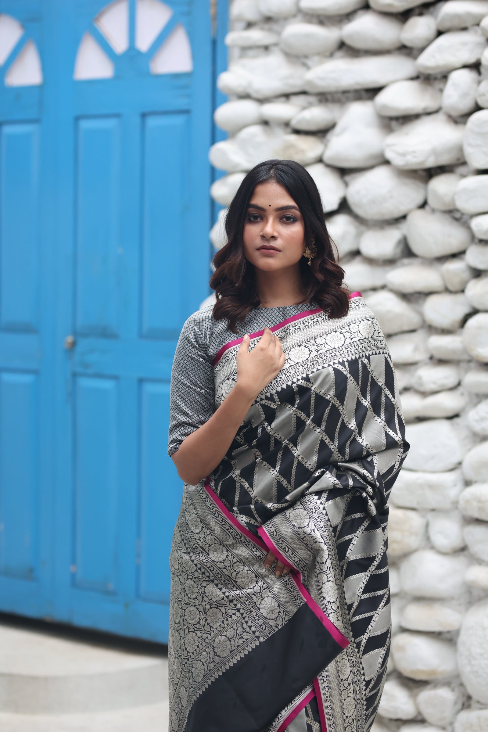 Kalika || Black & Grey Rangkaat Soft Katan Banarasi Saree with all over Silver Zari woven Stripes and Floral motif Border