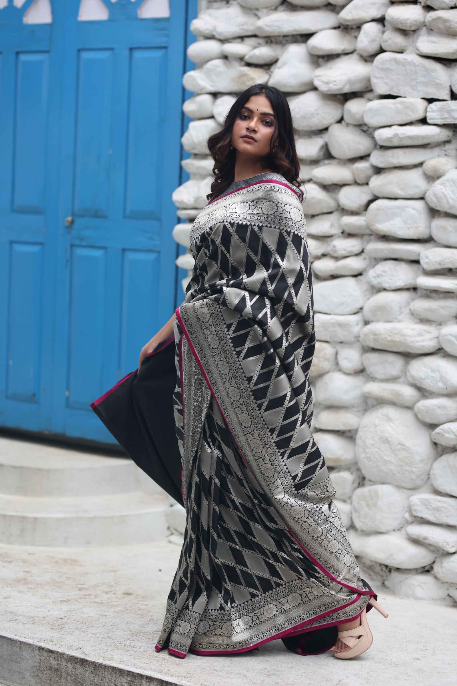 Kalika || Black & Grey Rangkaat Soft Katan Banarasi Saree with all over Silver Zari woven Stripes and Floral motif Border