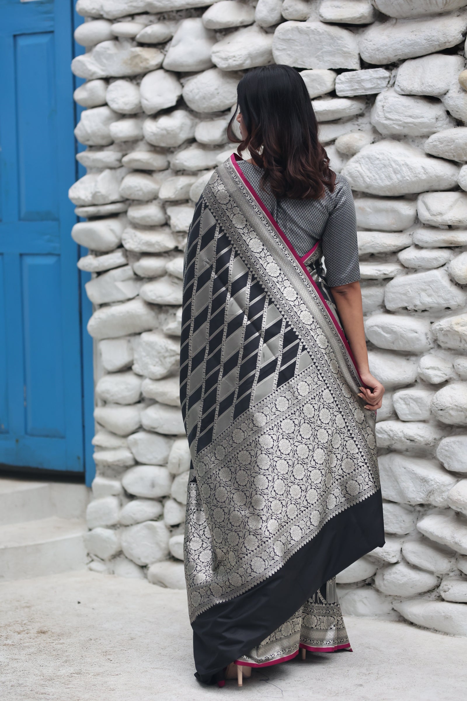 Kalika || Black & Grey Rangkaat Soft Katan Banarasi Saree with all over Silver Zari woven Stripes and Floral motif Border