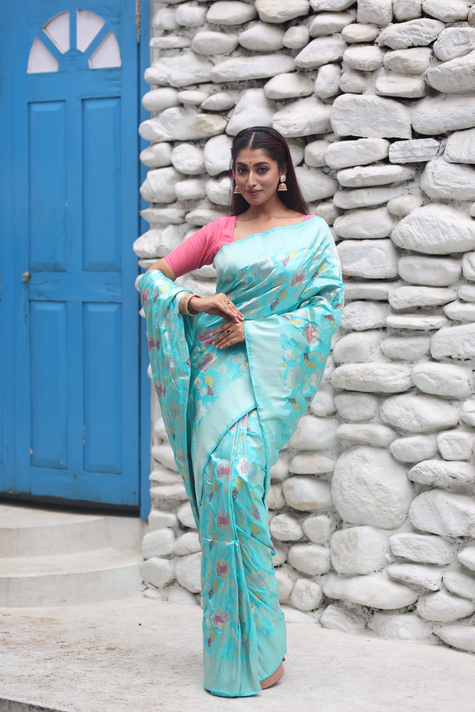 Vrindavani || Turquoise Blue Pure Katan Handloom Banarasi Shikargah Saree with all over Pichwai Kamdhenu & Peacock motif in Matte Gold Zari