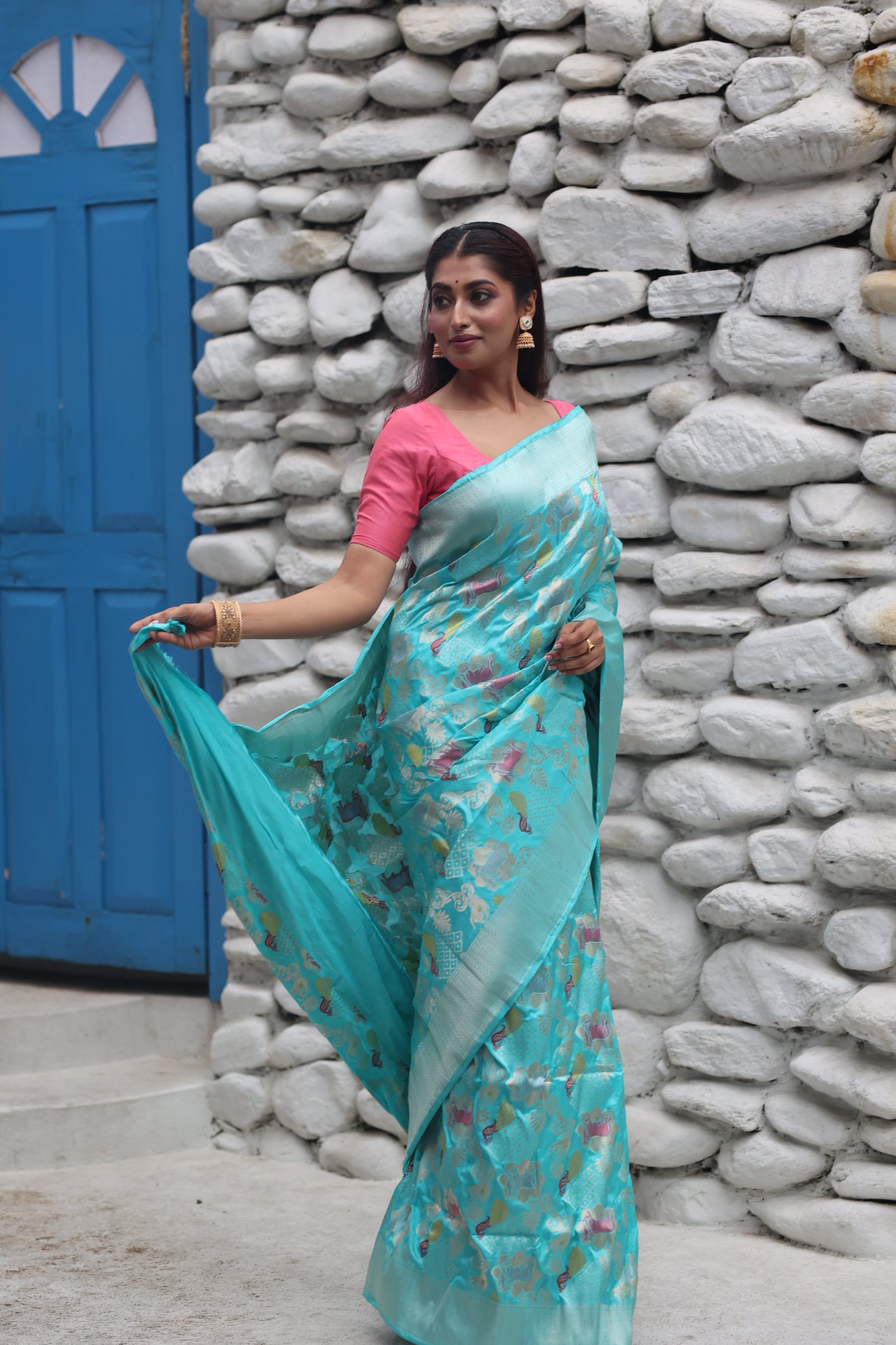 Vrindavani || Turquoise Blue Pure Katan Handloom Banarasi Shikargah Saree with all over Pichwai Kamdhenu & Peacock motif in Matte Gold Zari