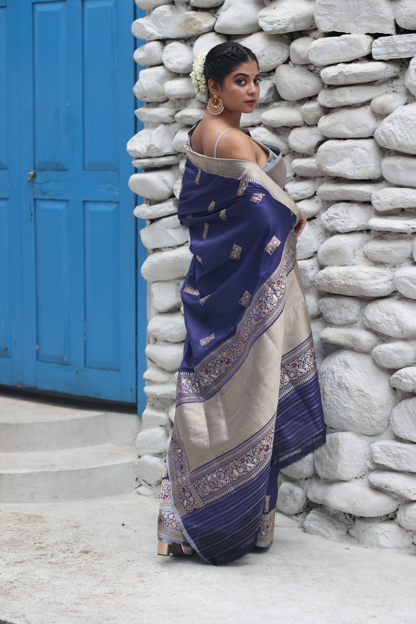 Nilakshi || Midnight Blue Pure Katan Handloom Banarasi Saree with all over 'Sona Rupa' Zari Kadhua Floral Box motif Buta with Meenakari highlights and Checkered Border