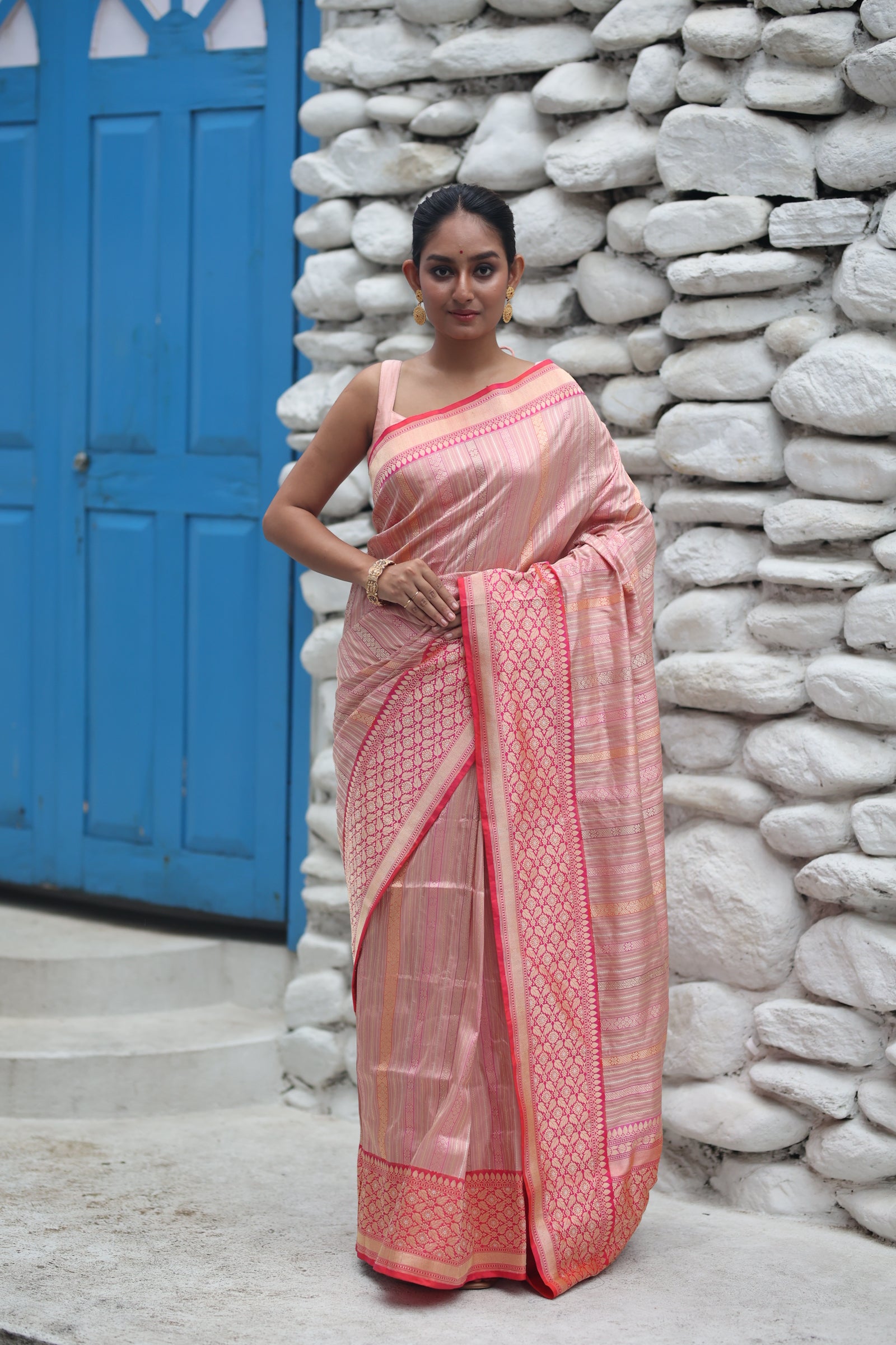 Saroja || Pastel Pink Pure Katan Handloom Banarasi Saree with all over 'Sona-Rupa' Zari Kadhua Stripe and Magenta Pink border