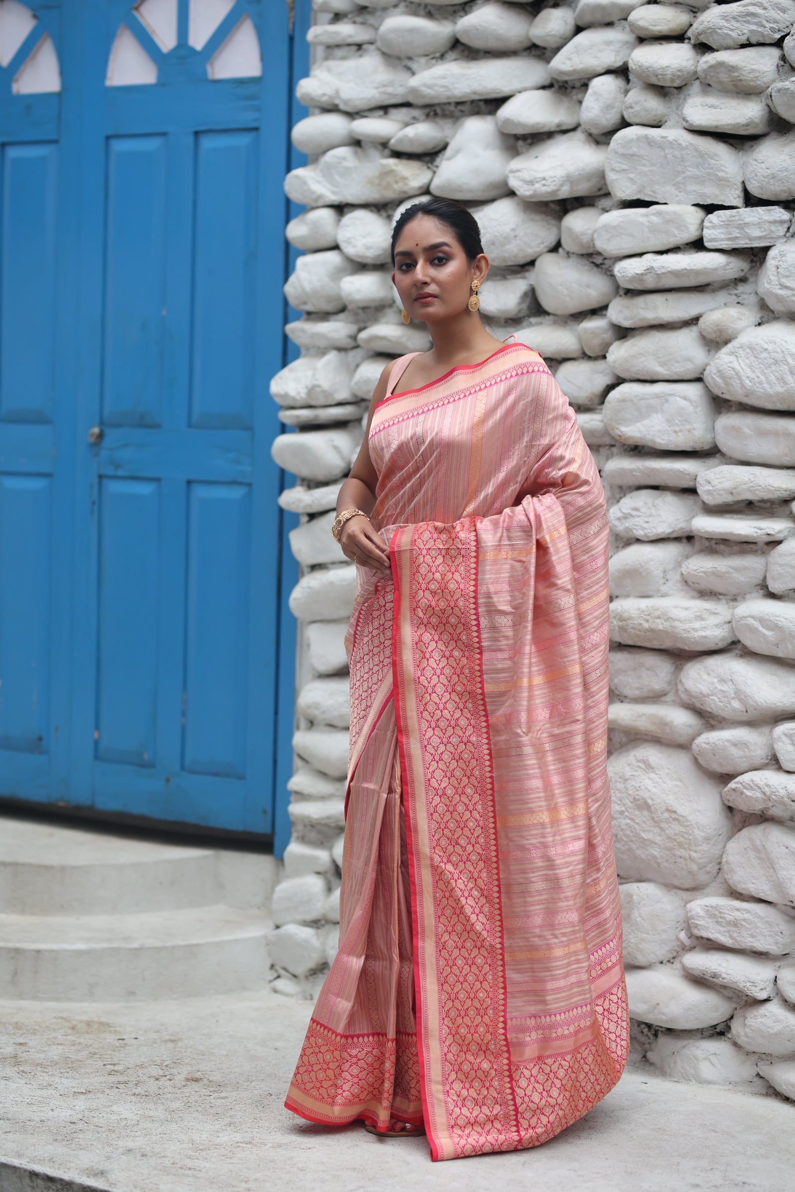 Saroja || Pastel Pink Pure Katan Handloom Banarasi Saree with all over 'Sona-Rupa' Zari Kadhua Stripe and Magenta Pink border