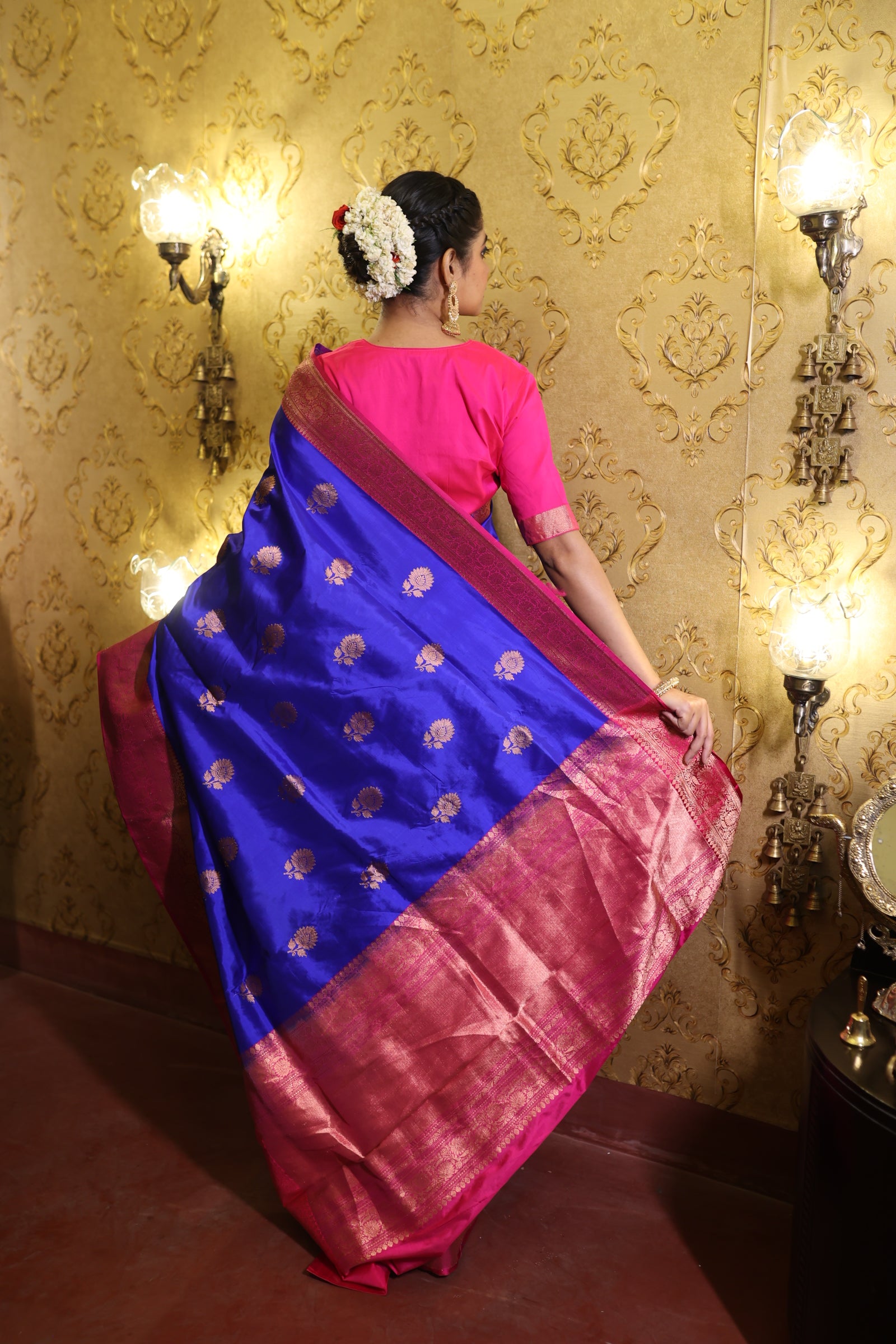 Neelambari || Royal Blue Pure Katan Handloom Banarasi Saree with Kadhiyal Lock Copper Zari Buta and Magenta Pink border