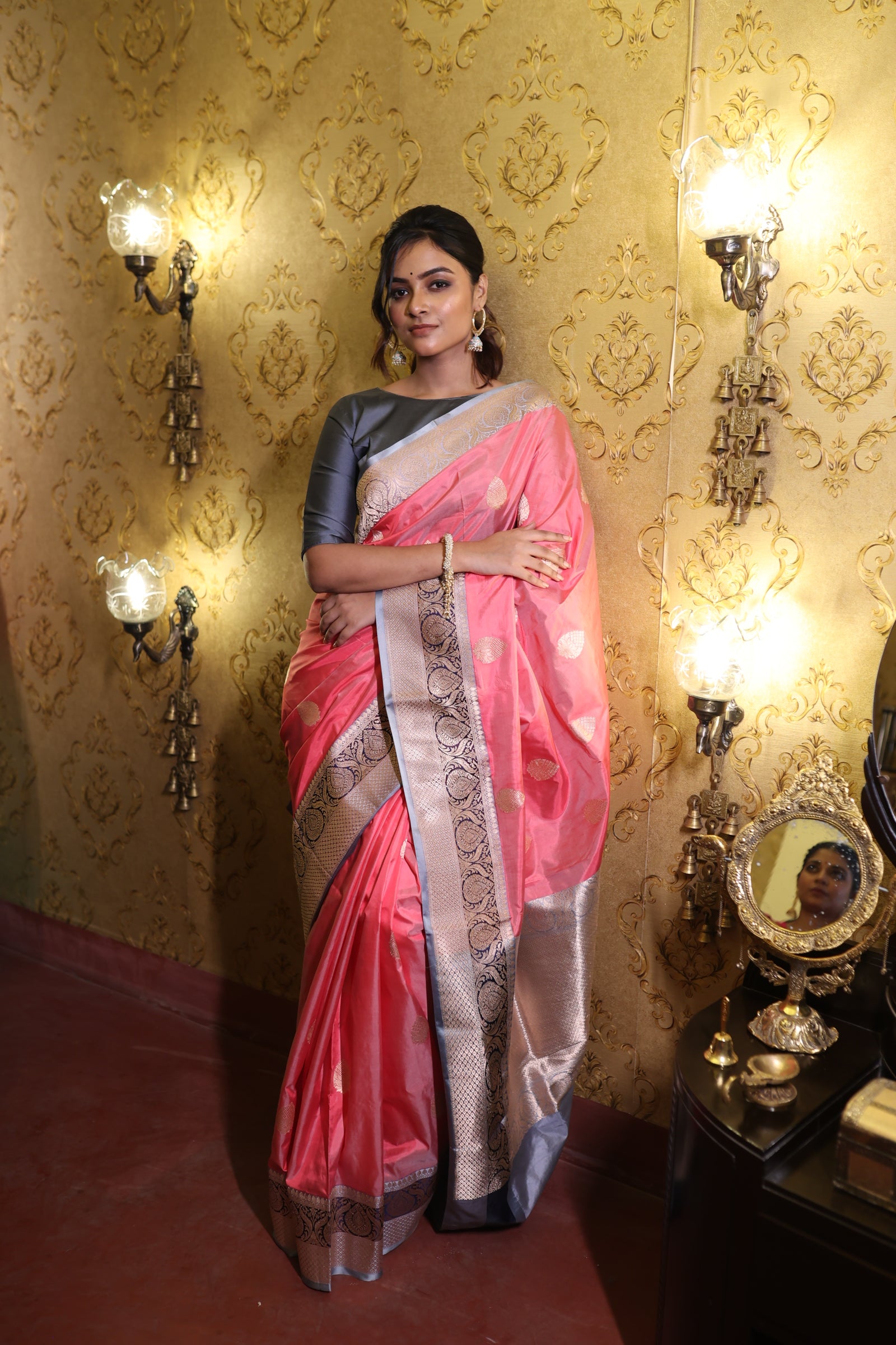 Nalini || Dusty Pink Pure Katan Handloom Banarasi Saree with Kadhiyal Lock Silver Zari Buta and Grey border
