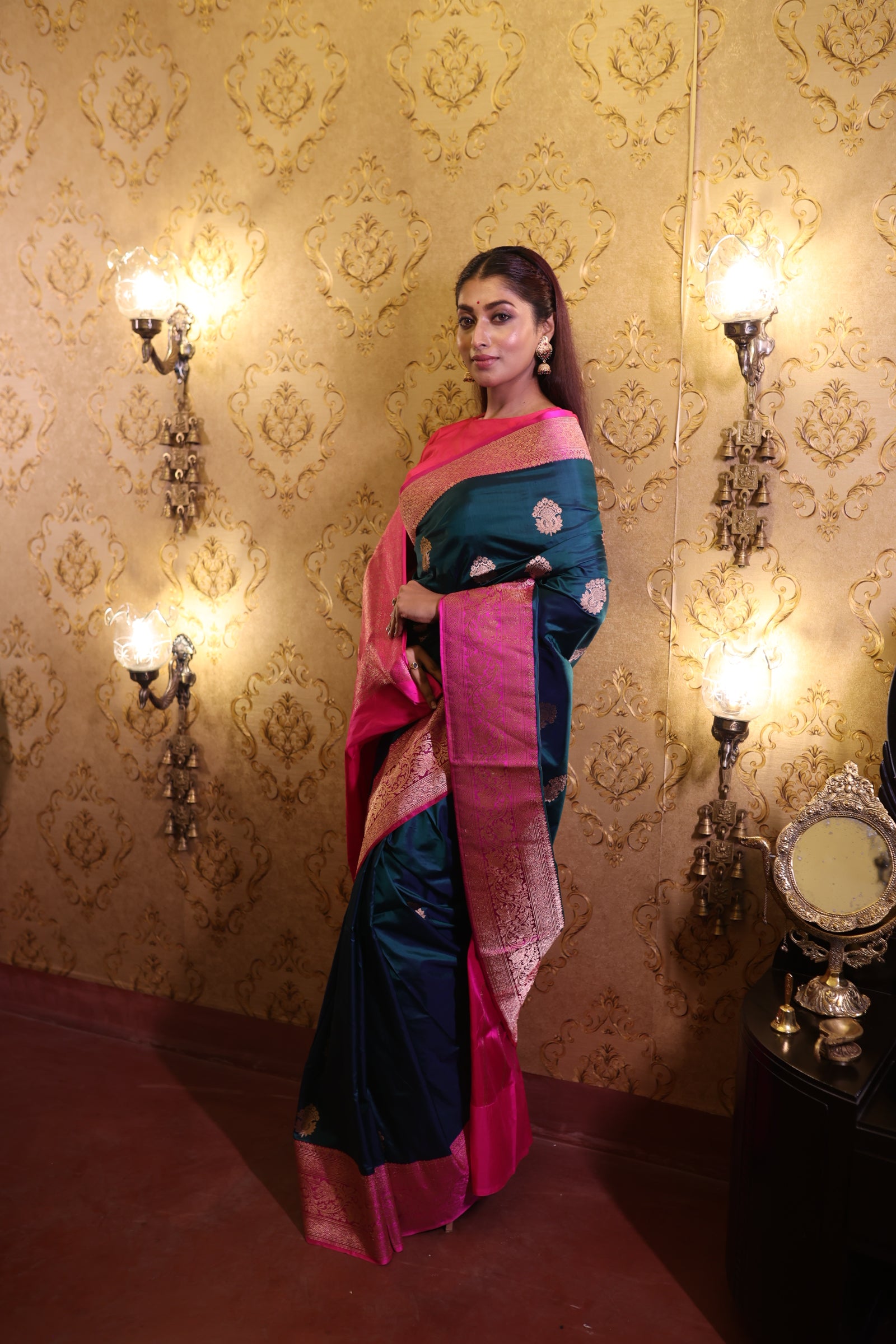 Vanani || Bottle Green & Peacock Blue dual tone Pure Katan Handloom Banarasi Saree with all over  Copper Zari Kadhua Buta and Magenta border