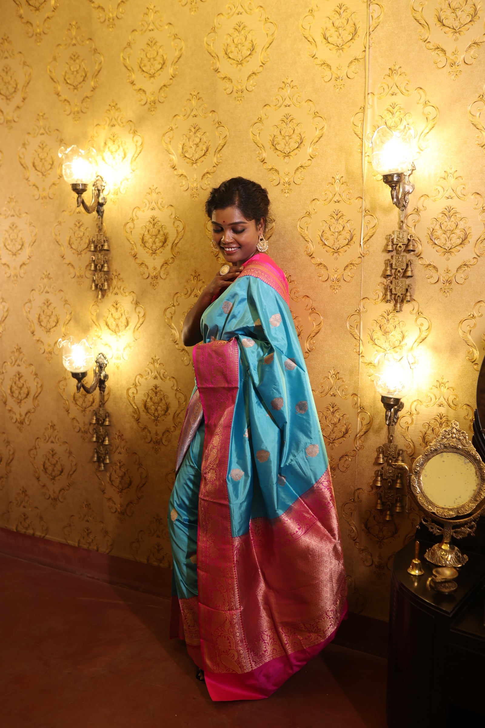 Ekambari || Sky Blue Pure Katan Handloom Banarasi Saree with all over Copper Zari Kadhua Buta and Magenta border