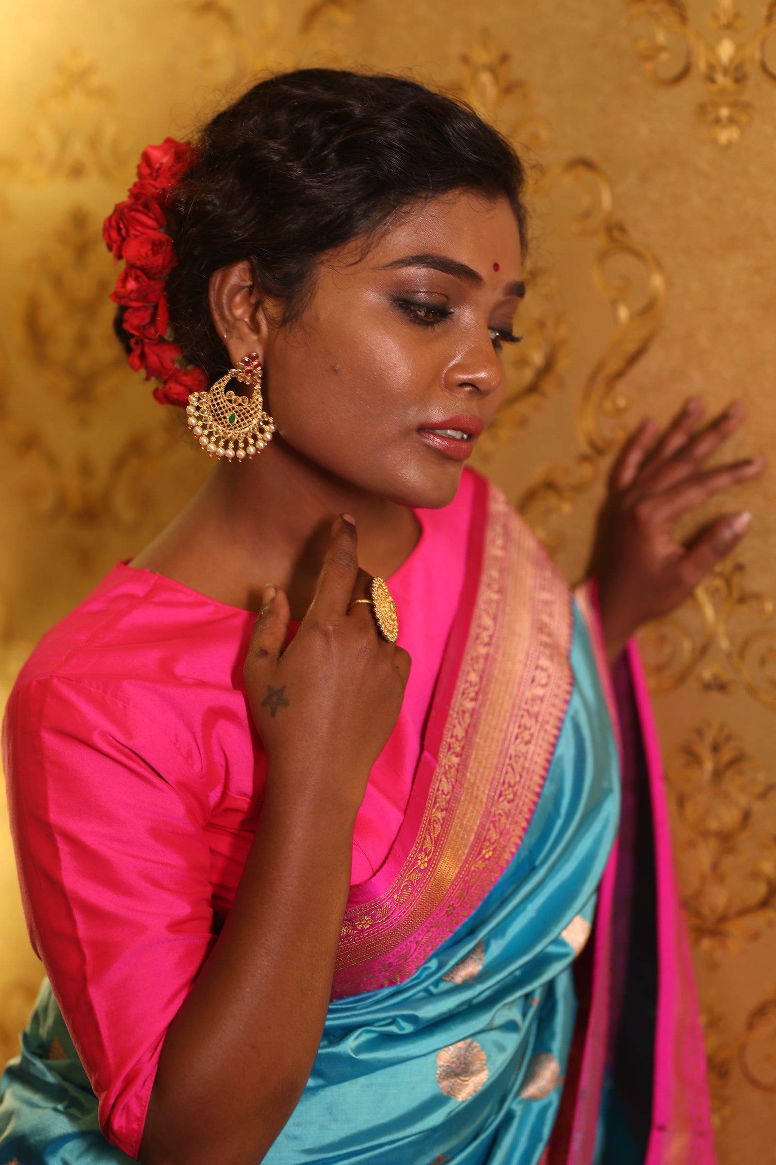 Ekambari || Sky Blue Pure Katan Handloom Banarasi Saree with all over Copper Zari Kadhua Buta and Magenta border