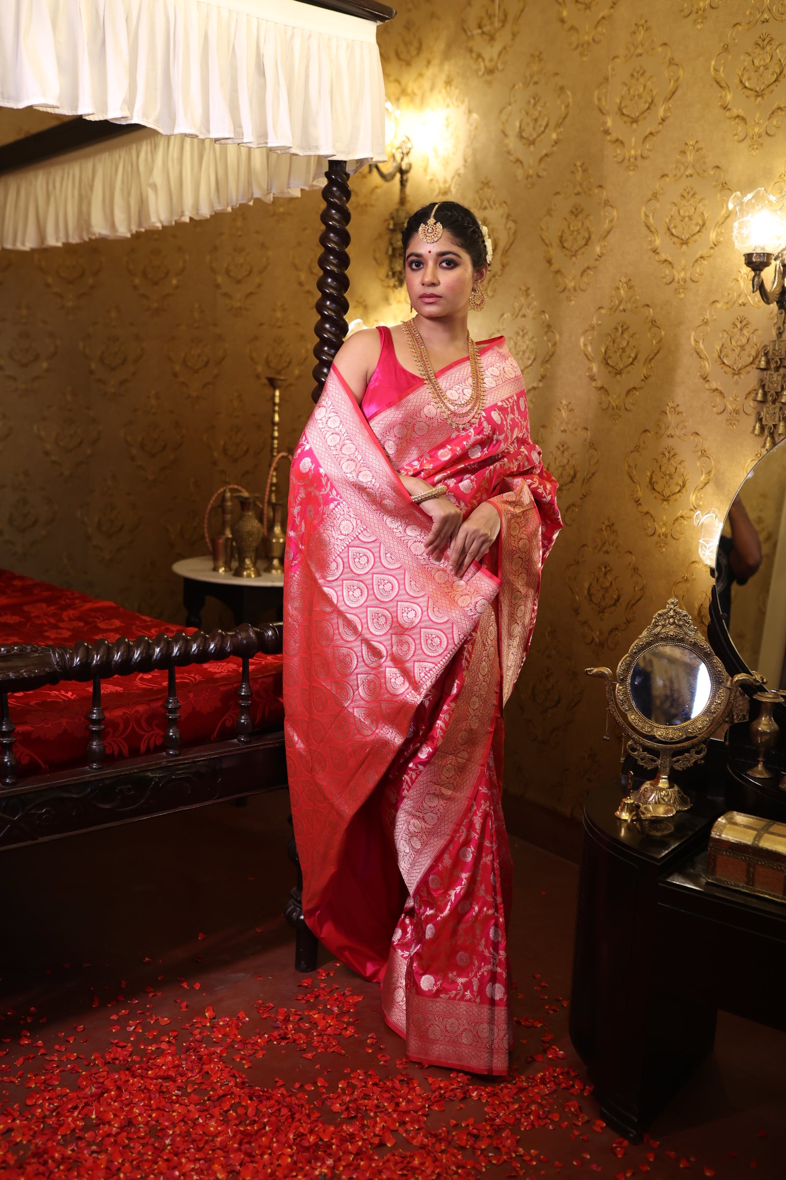 Pritika || Magenta Pink & Red dual tone Pure Katan Banarasi Saree with all over 'Sona-Rupa' Zari Floral Jaal