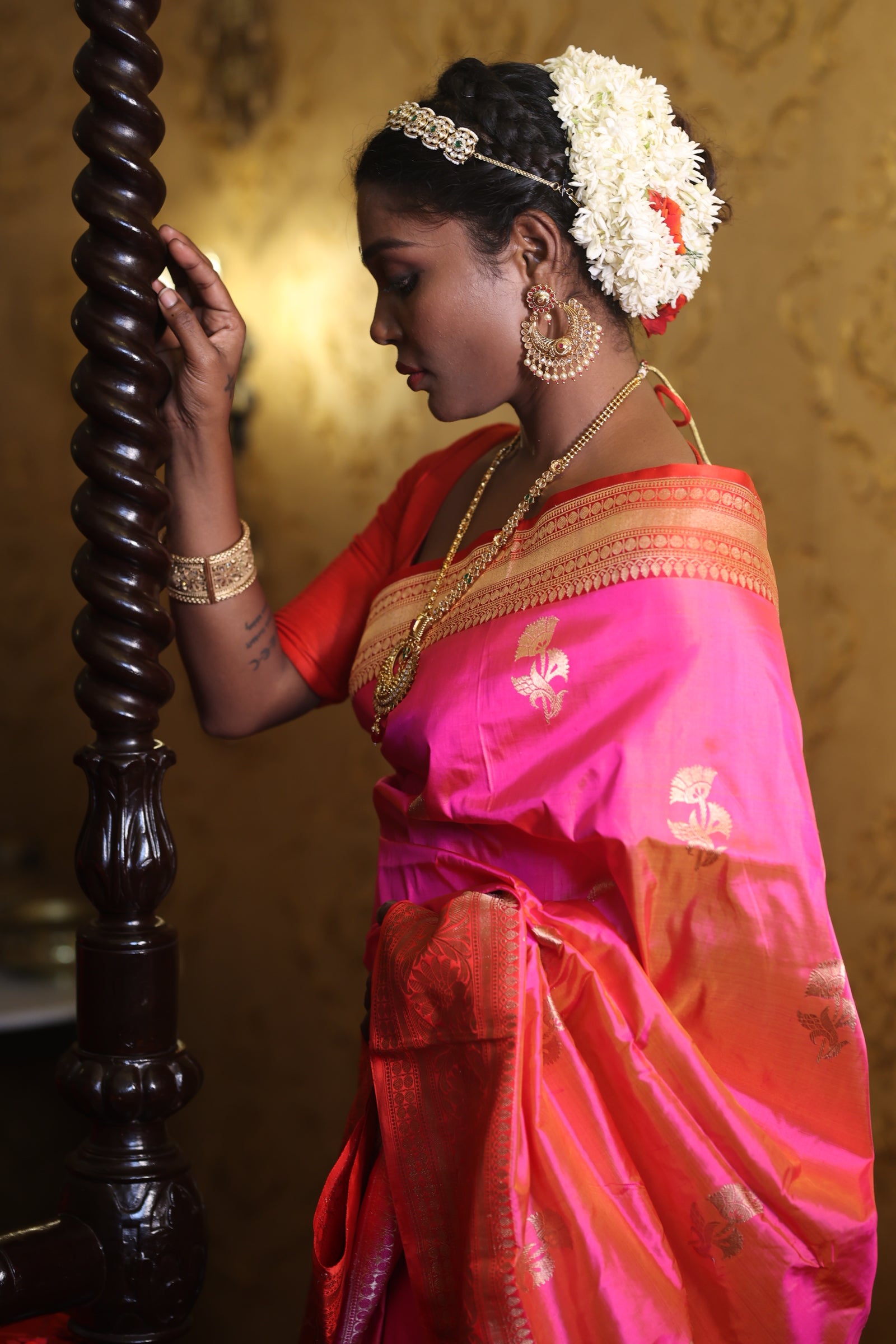 Parinita || Pink & Orange dual-tone Pure Katan Handloom Banarasi Saree with all over Copper Zari Kadhua Buta and Tomato Red border