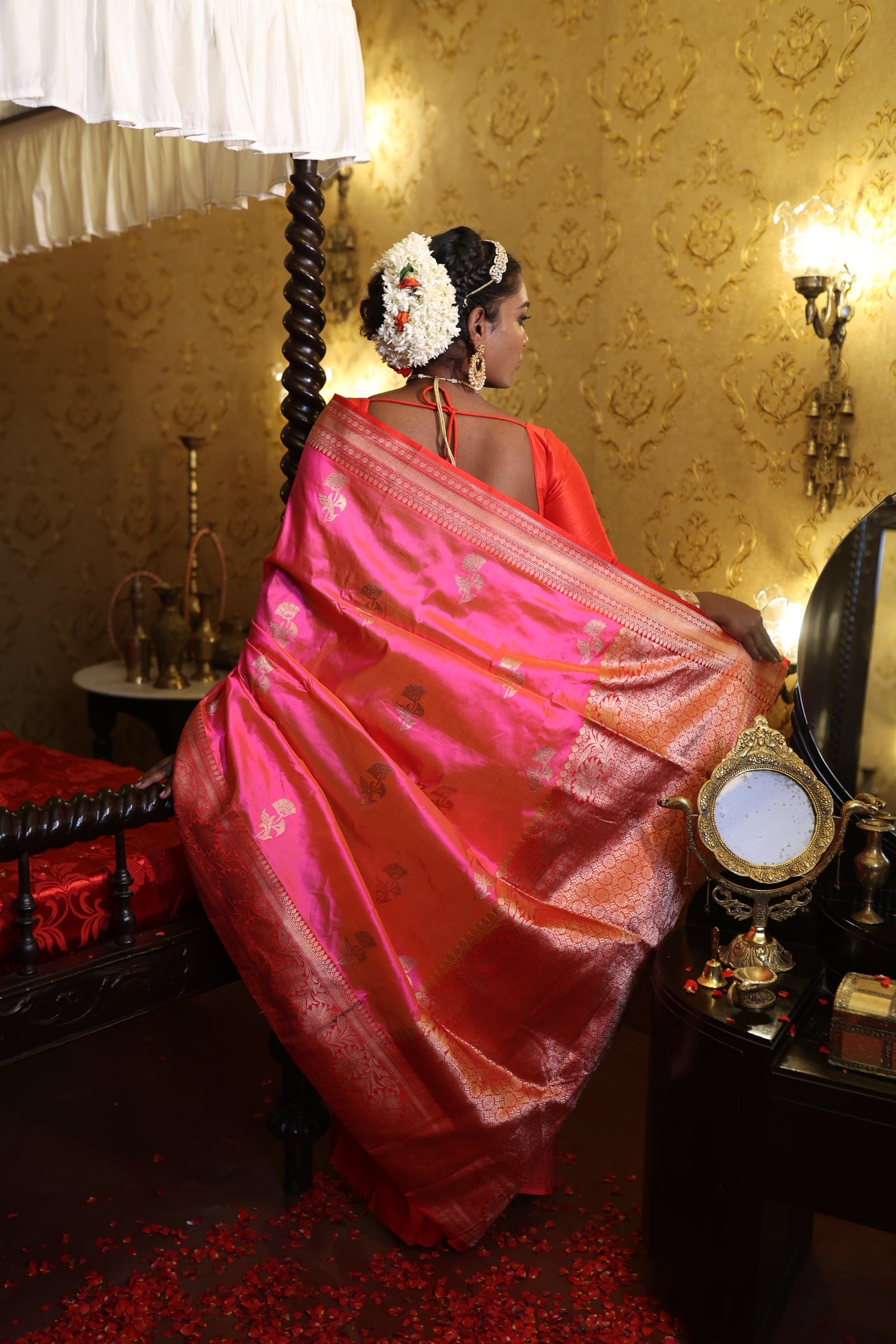 Parinita || Pink & Orange dual-tone Pure Katan Handloom Banarasi Saree with all over Copper Zari Kadhua Buta and Tomato Red border