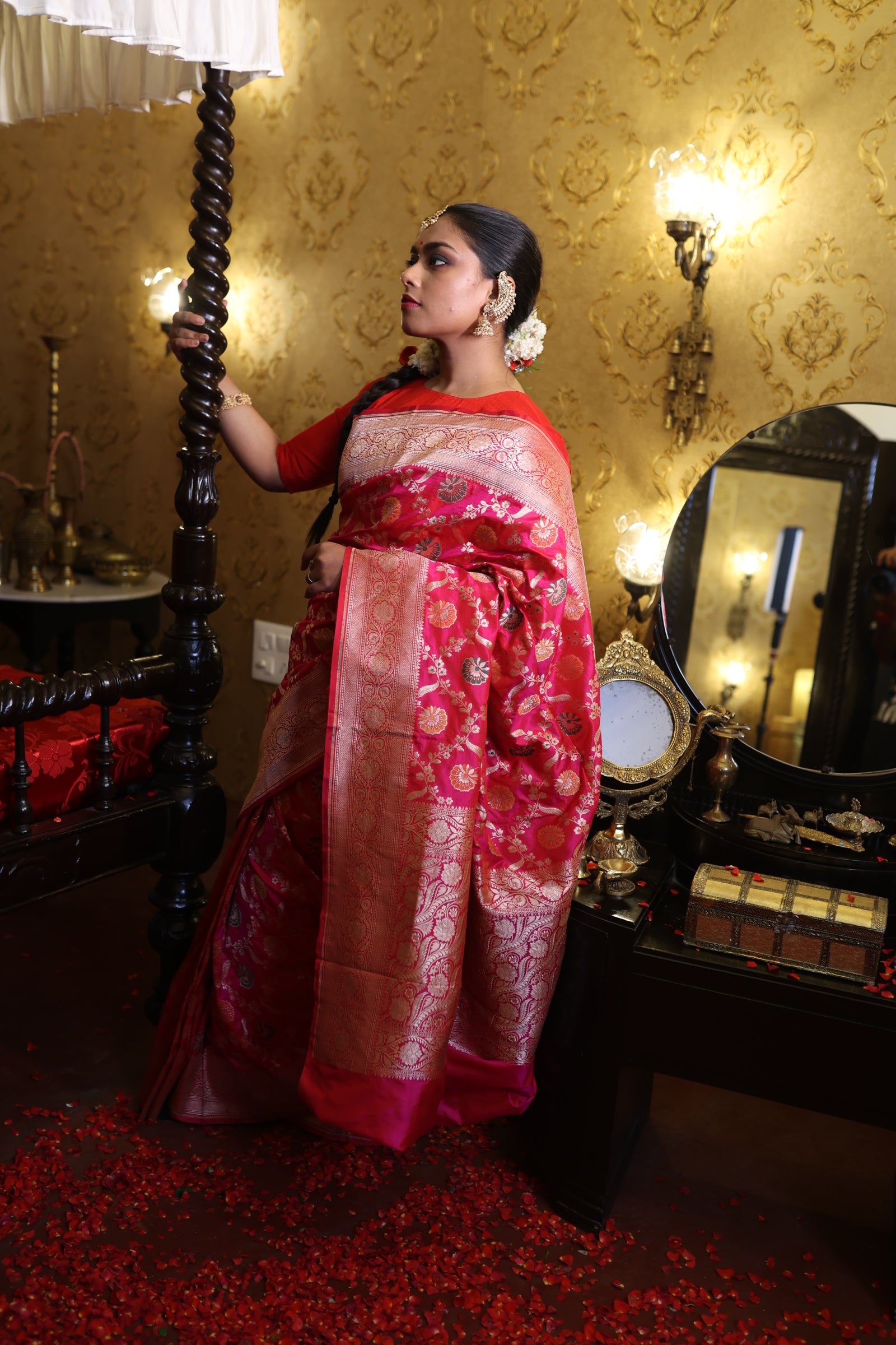 Ridhima || Rani Pink & Magenta dual tone Pure Katan Banarasi Saree with all over Jangla in Matte Gold Zari and Meenakari highlights