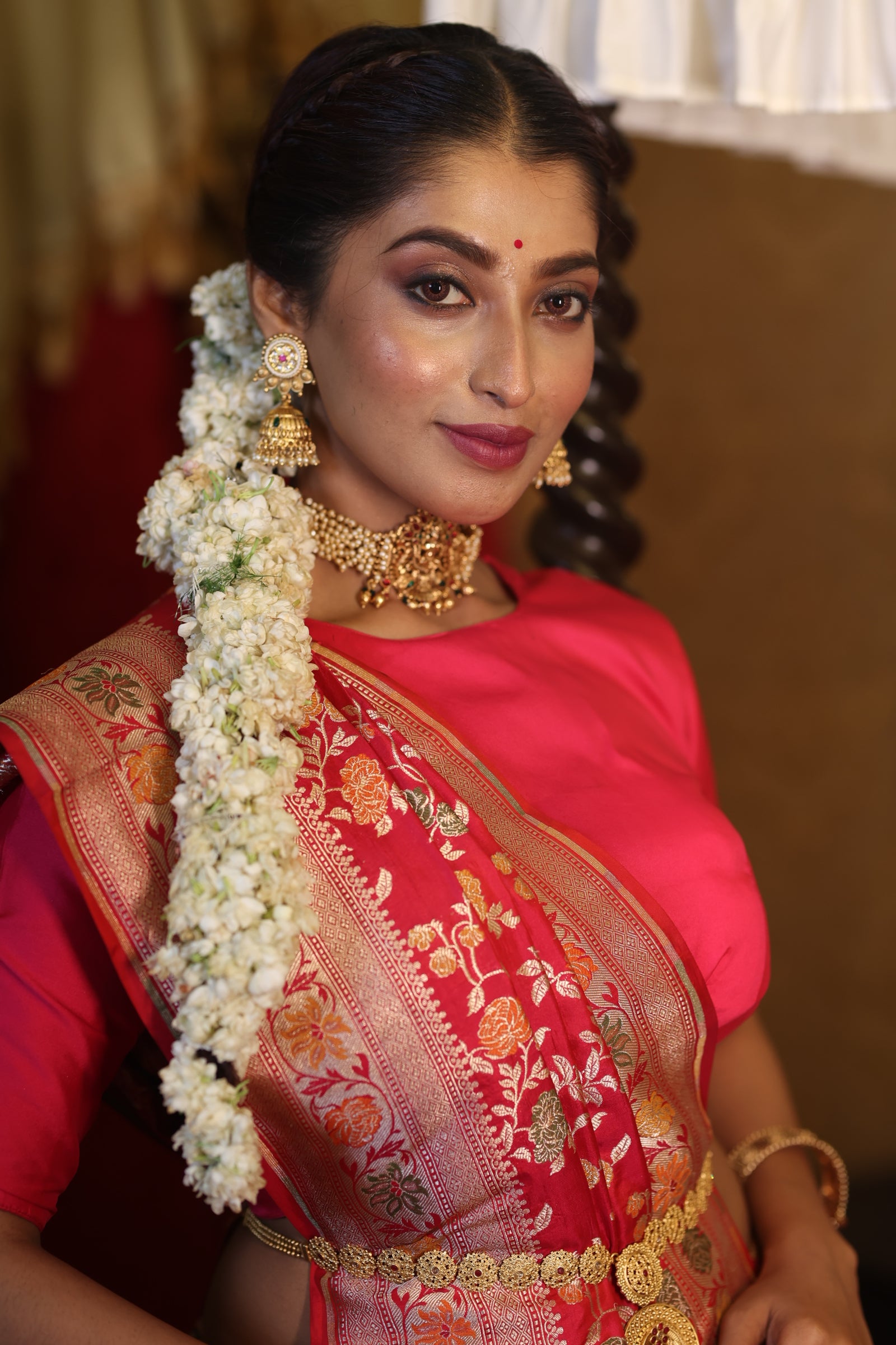 Vadhu || Magenta Pink & Red dual tone Pure Katan Banarasi Saree with all over Jangla in Matte Gold Zari and Meenakari highlights