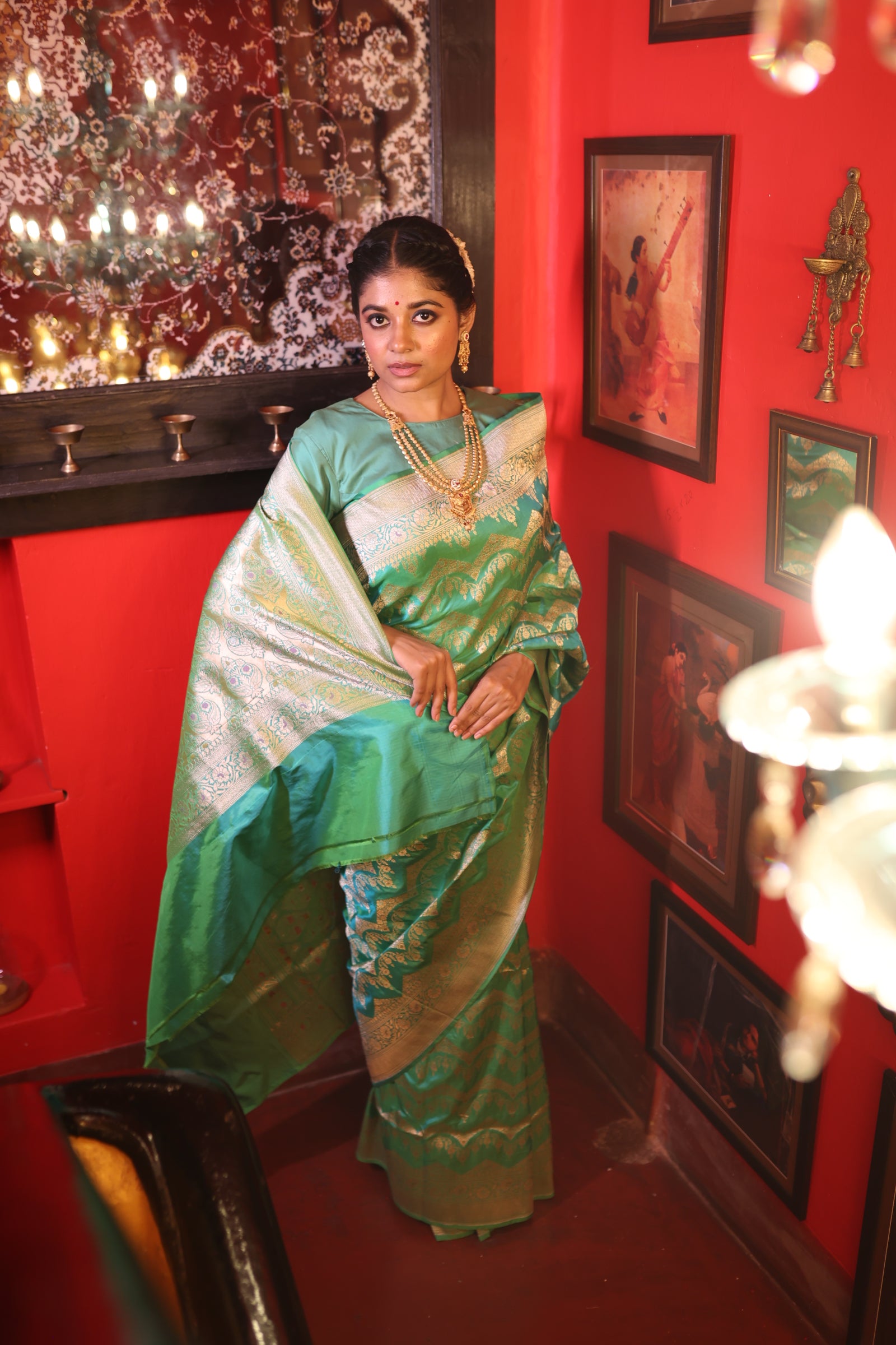 Gehna || Sea Green & Lime Green dual tone Pure Katan Handloom Banarasi Saree with all over Jangla woven in Matte Gold Zari and Meenakari highlights