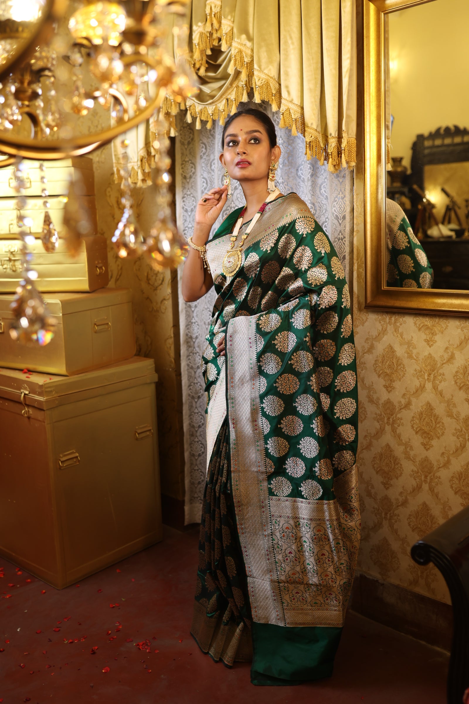 Bhumika || Bottle Green Pure Katan Banarasi Saree with all over Tree motif woven in Matte Gold Zari and Meenakari highlights