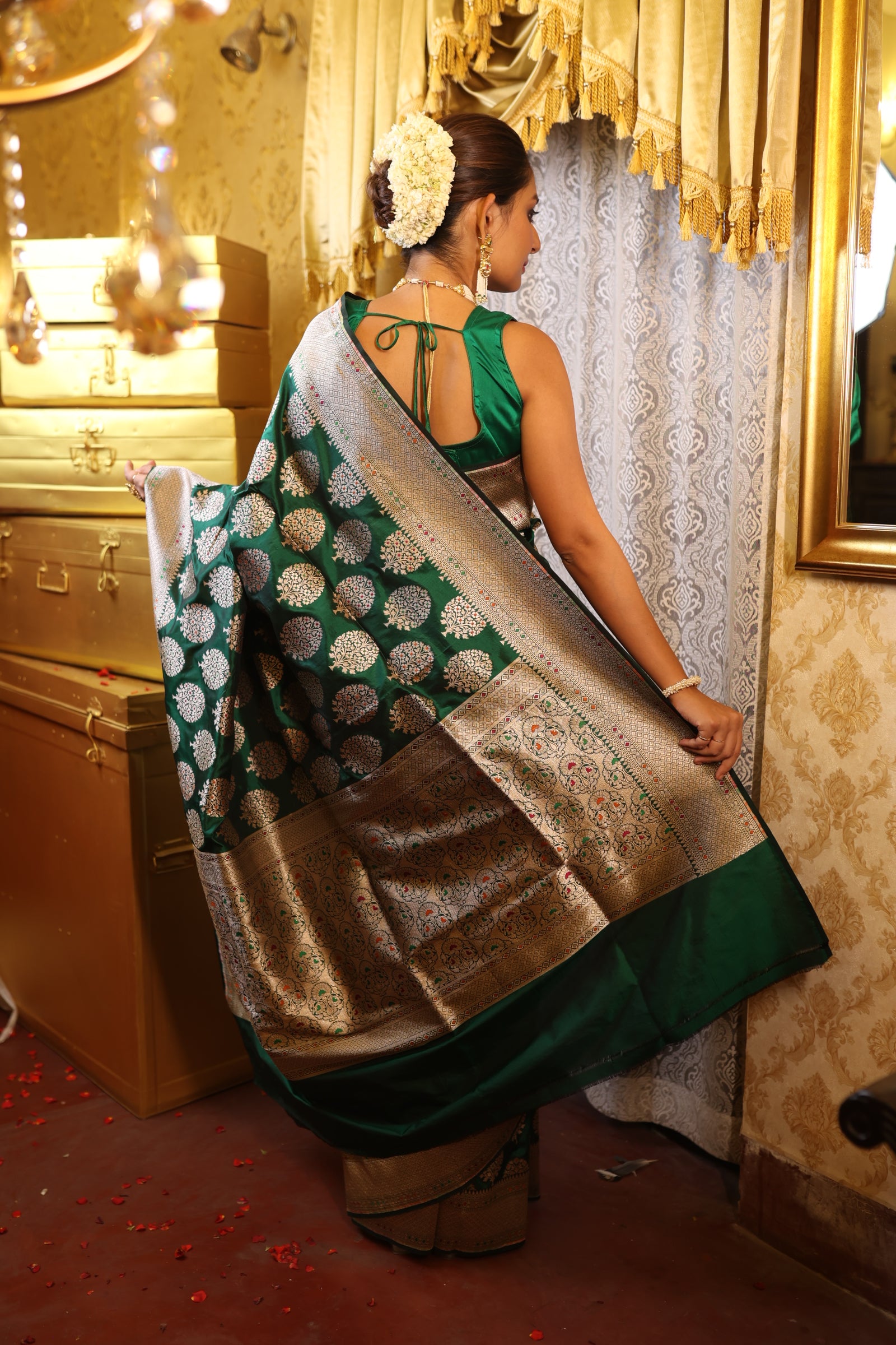 Bhumika || Bottle Green Pure Katan Banarasi Saree with all over Tree motif woven in Matte Gold Zari and Meenakari highlights
