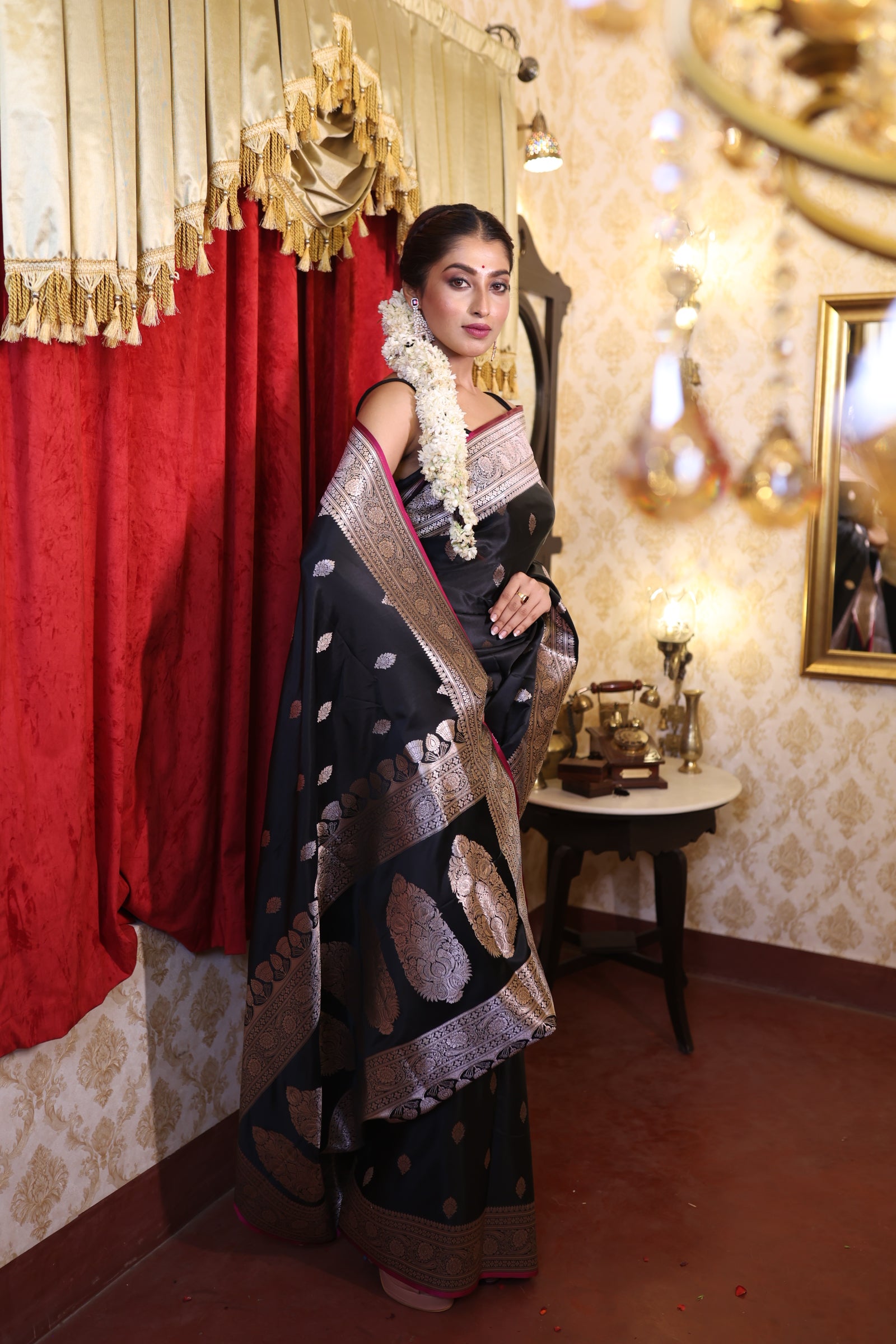 Kajri || Black Banarasi Mashru Silk Banarasi Saree with all over Copper Zari Buta and sleek Magenta border