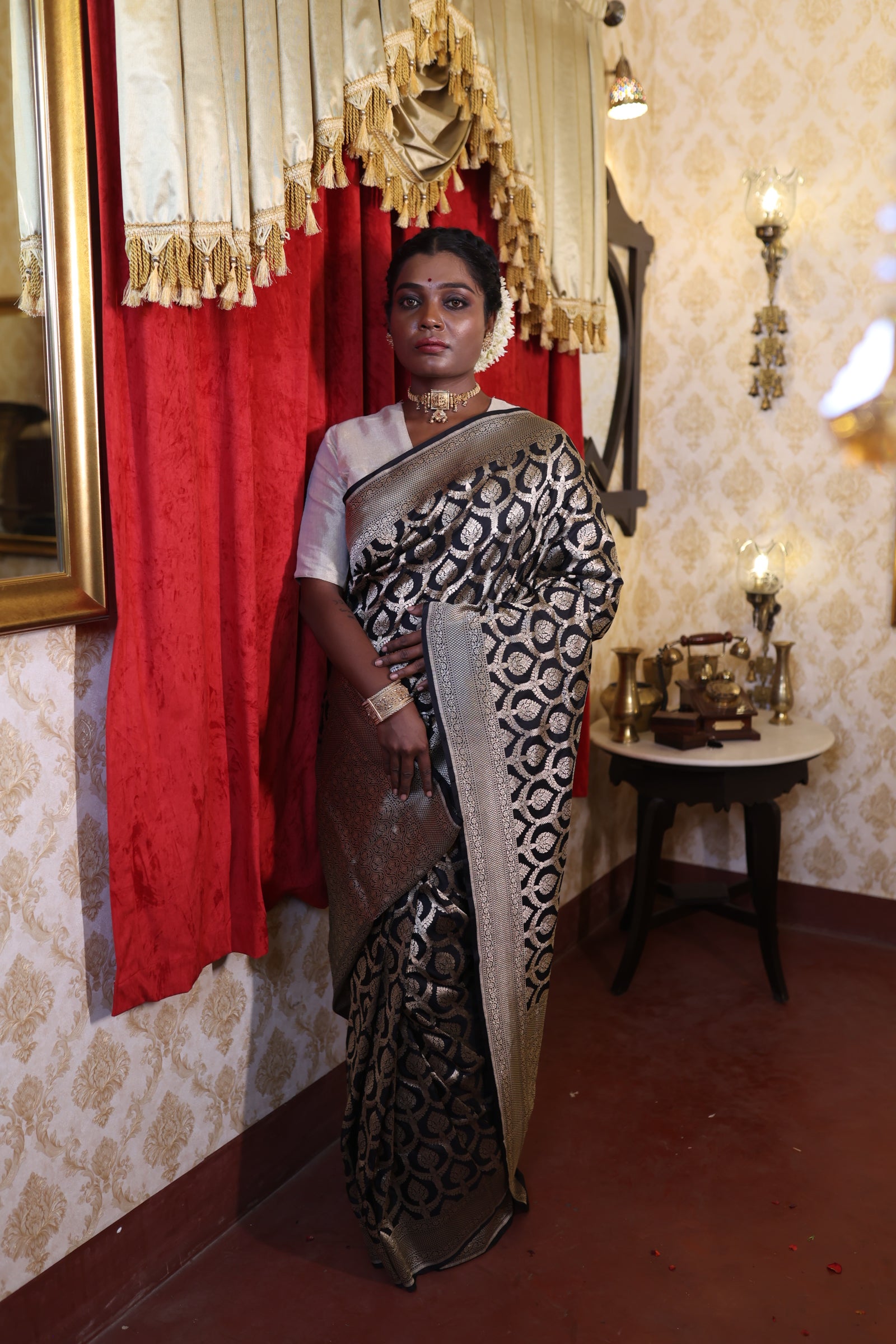 Saanjh || Black Pure Katan Handloom Banarasi Saree with all over Buta & Jaal woven in Matte Gold Zari
