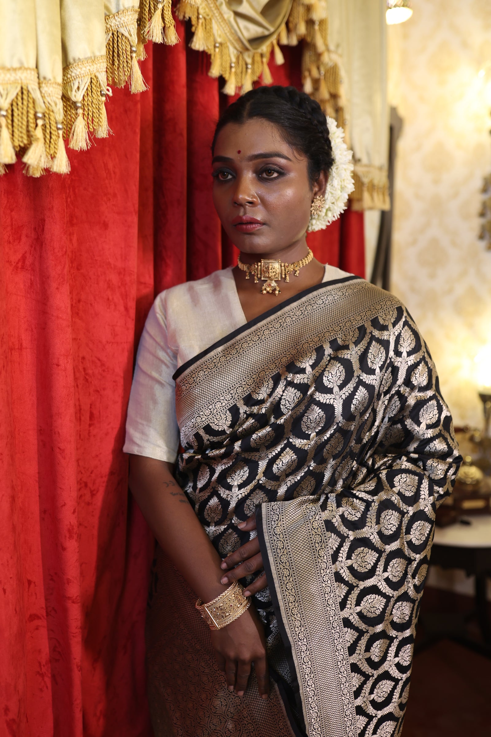 Saanjh || Black Pure Katan Handloom Banarasi Saree with all over Buta & Jaal woven in Matte Gold Zari