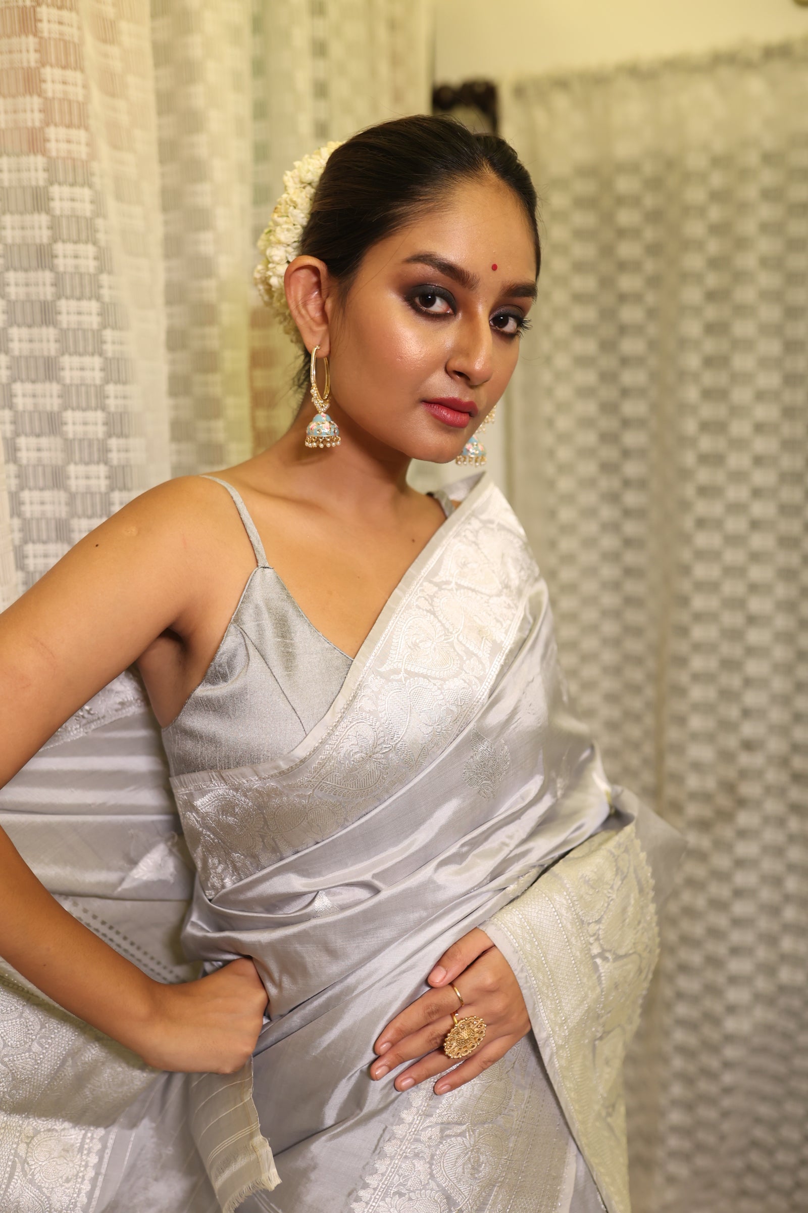 Ojasvi || Steel Grey Pure Katan Handloom Banarasi Saree with all over Metallic Silver Zari Kadhua Buta and Border