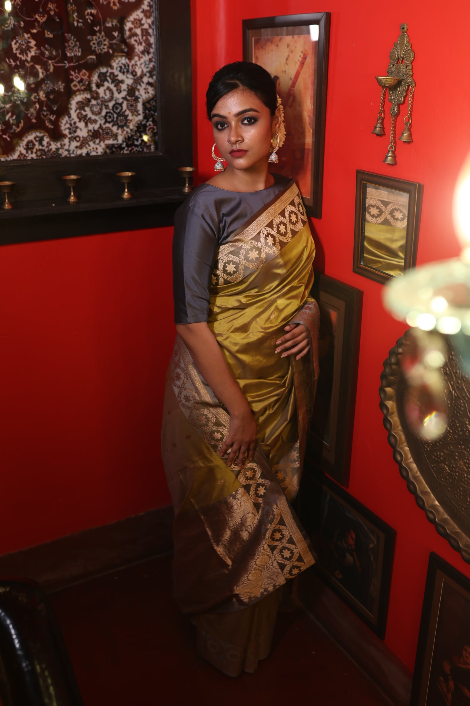 Tara || Olive Green Pure Katan Handloom Banarasi Saree with all over Antique Gold Zari Kadhua Buta and 'Star' motif Grey border