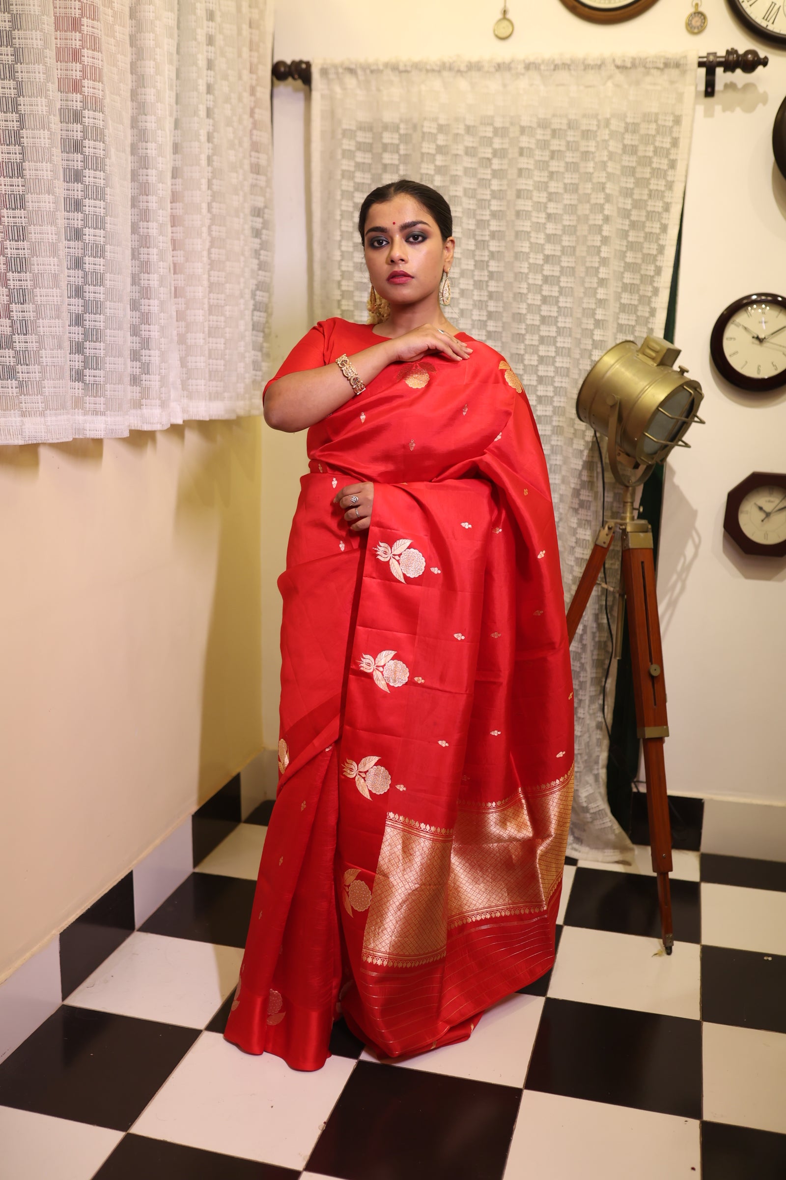 Sindura || Red Pure Raw Mango Silk Handloom Banarasi Saree with all over 'Sona-Rupa' Kadhua Buti and Floral motif border