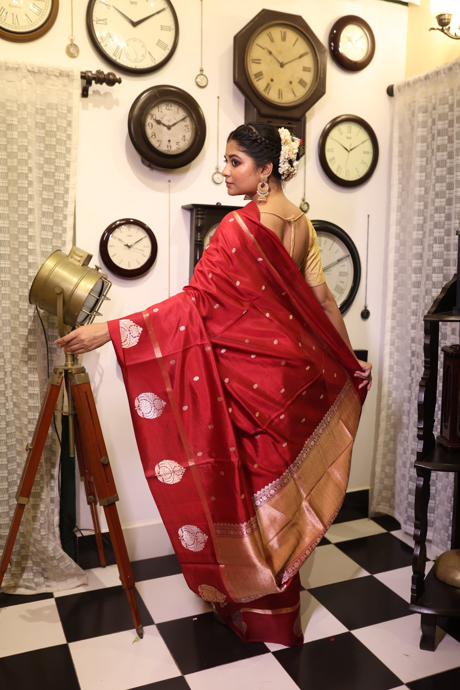 Ranjika || Maroon Pure Katan Handloom Banarasi Saree with all over 'Sona-Rupa' Kadhua Buti and Floral Motif border