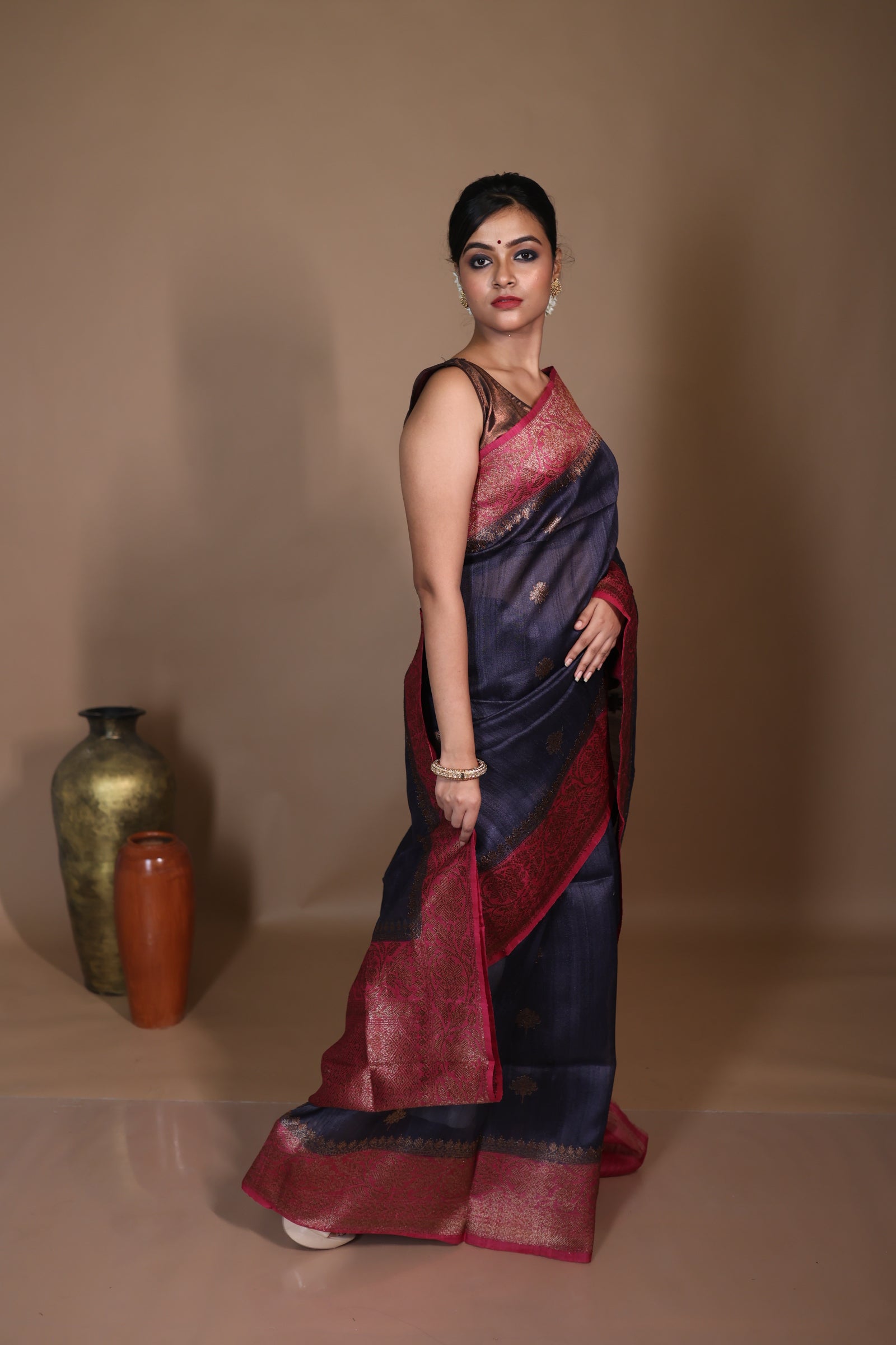 Ishani || Gunmetal Grey Pure Tussar Handloom Banarasi Saree with Kadhiyal lock Antique Zari Buta and Beetroot Pink border