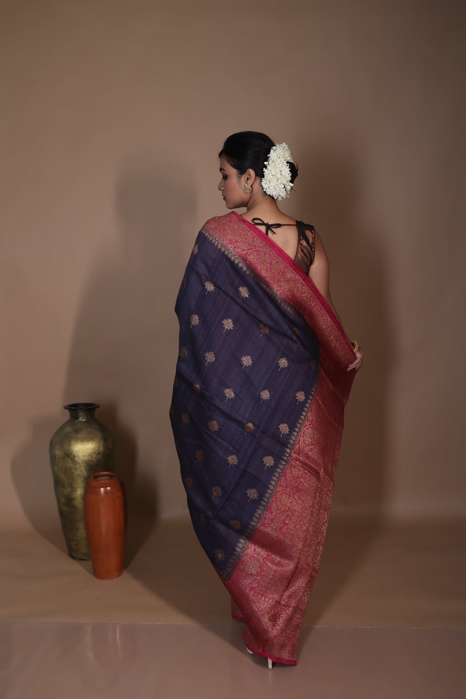 Ishani || Gunmetal Grey Pure Tussar Handloom Banarasi Saree with Kadhiyal lock Antique Zari Buta and Beetroot Pink border