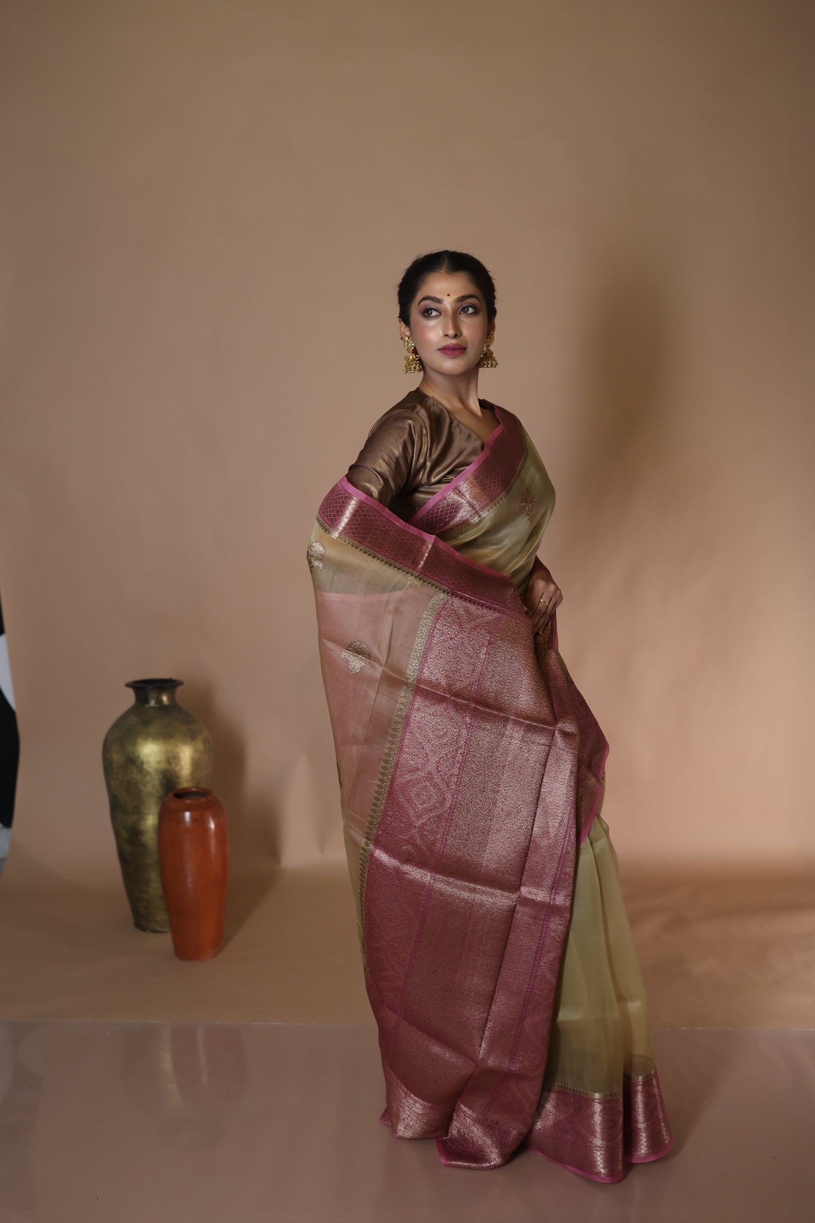 Anvi || Golden Khaki Kora Silk Handloom Banarasi Saree with all over Antique Zari Kadhua Buta and Onion Peel shade border