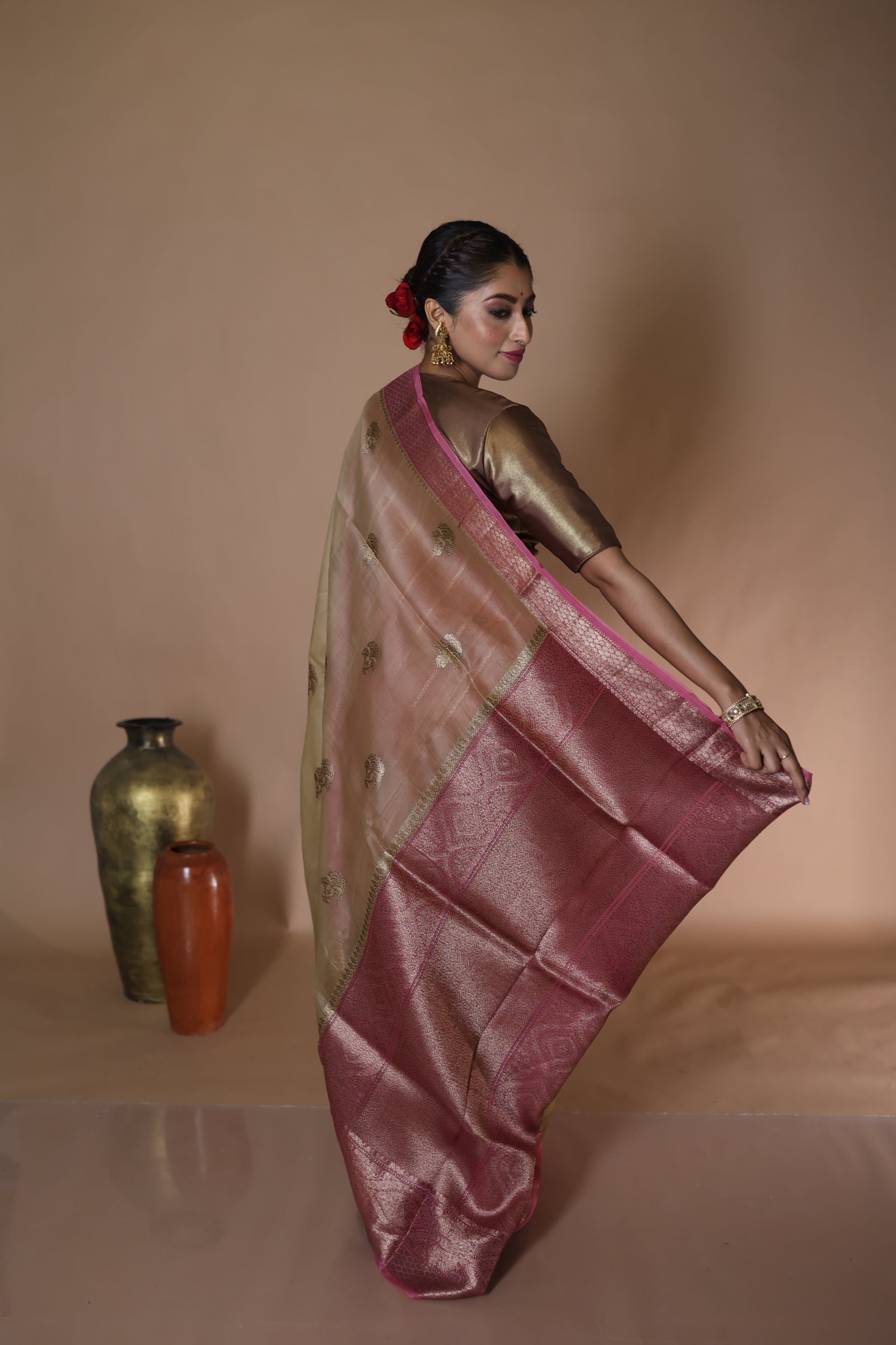 Anvi || Golden Khaki Kora Silk Handloom Banarasi Saree with all over Antique Zari Kadhua Buta and Onion Peel shade border