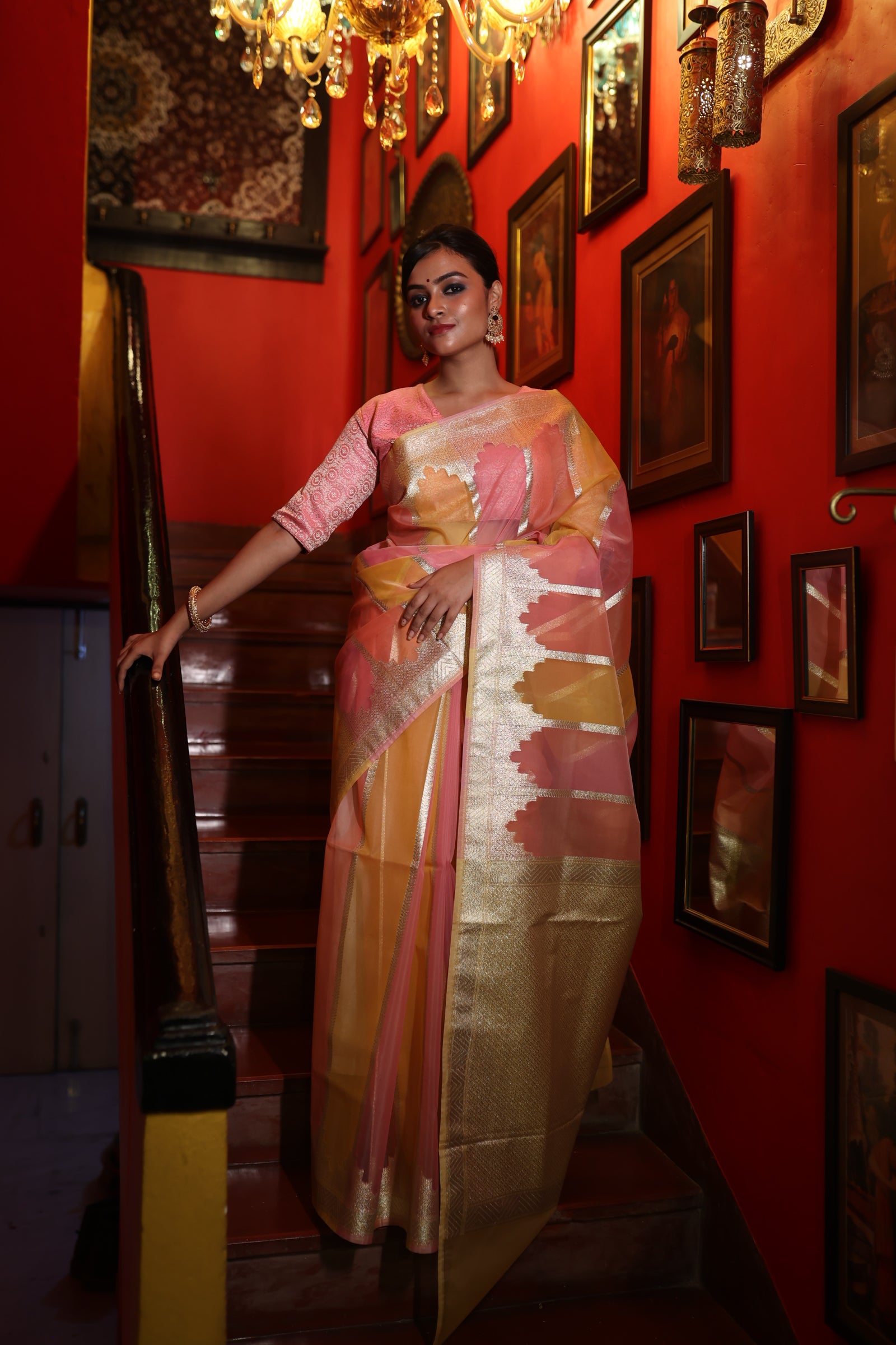 Aura || Peach, Baby Pink & Mango Yellow Rangkaat Pure Organza Banarasi Saree with all over Matte Gold Zari Stripes and Brocade Pallu