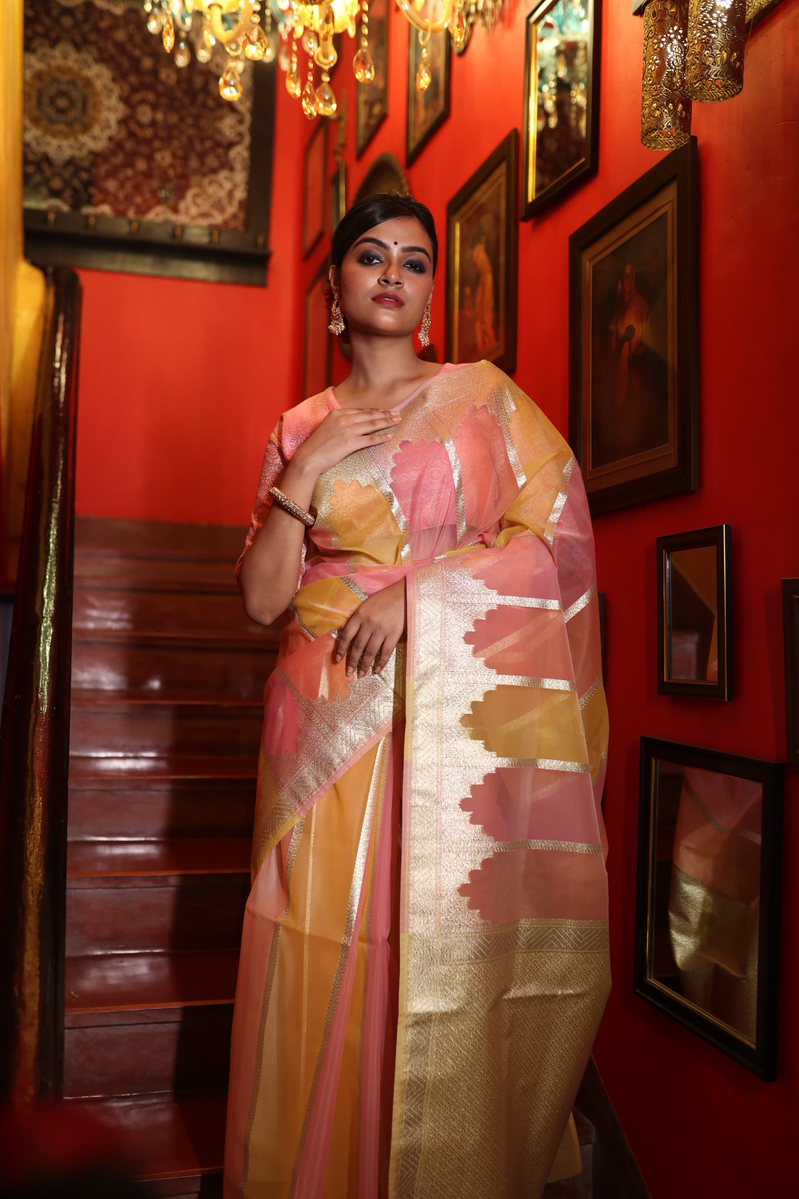Aura || Peach, Baby Pink & Mango Yellow Rangkaat Pure Organza Banarasi Saree with all over Matte Gold Zari Stripes and Brocade Pallu