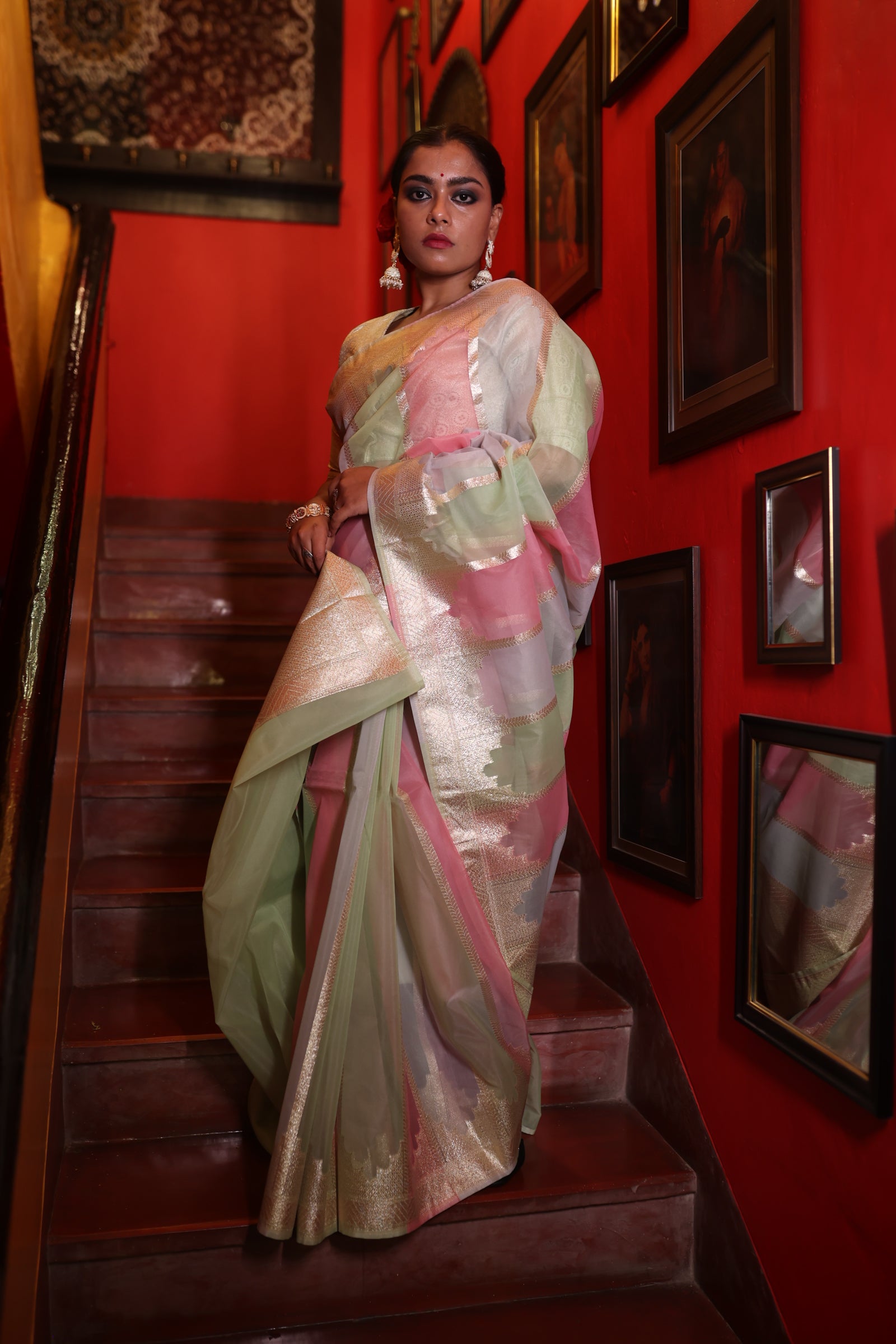 Sameera || Mint Green, Baby Pink & Onion Pink Rangkaat Pure Organza Banarasi Saree with all over Matte Gold Zari Stripes and Brocade Pallu