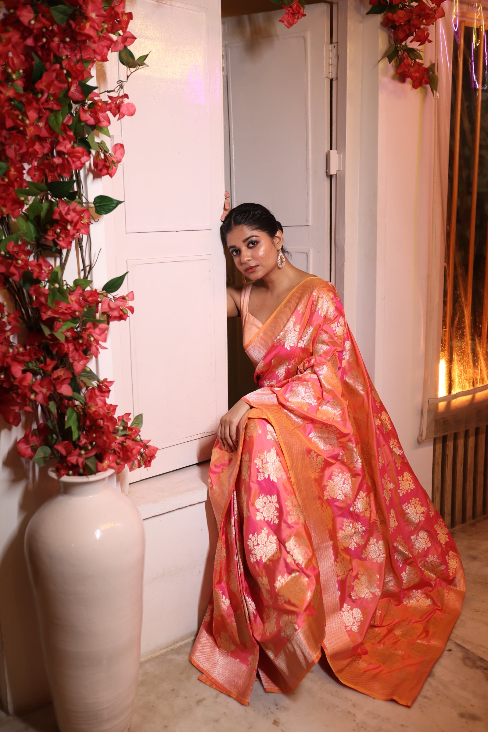 Gulabi || Pink & Orange dual-tone Pure Katan Handloom Banarasi Saree with all over Light Gold Zari 'Rose' motif and Brocade Border