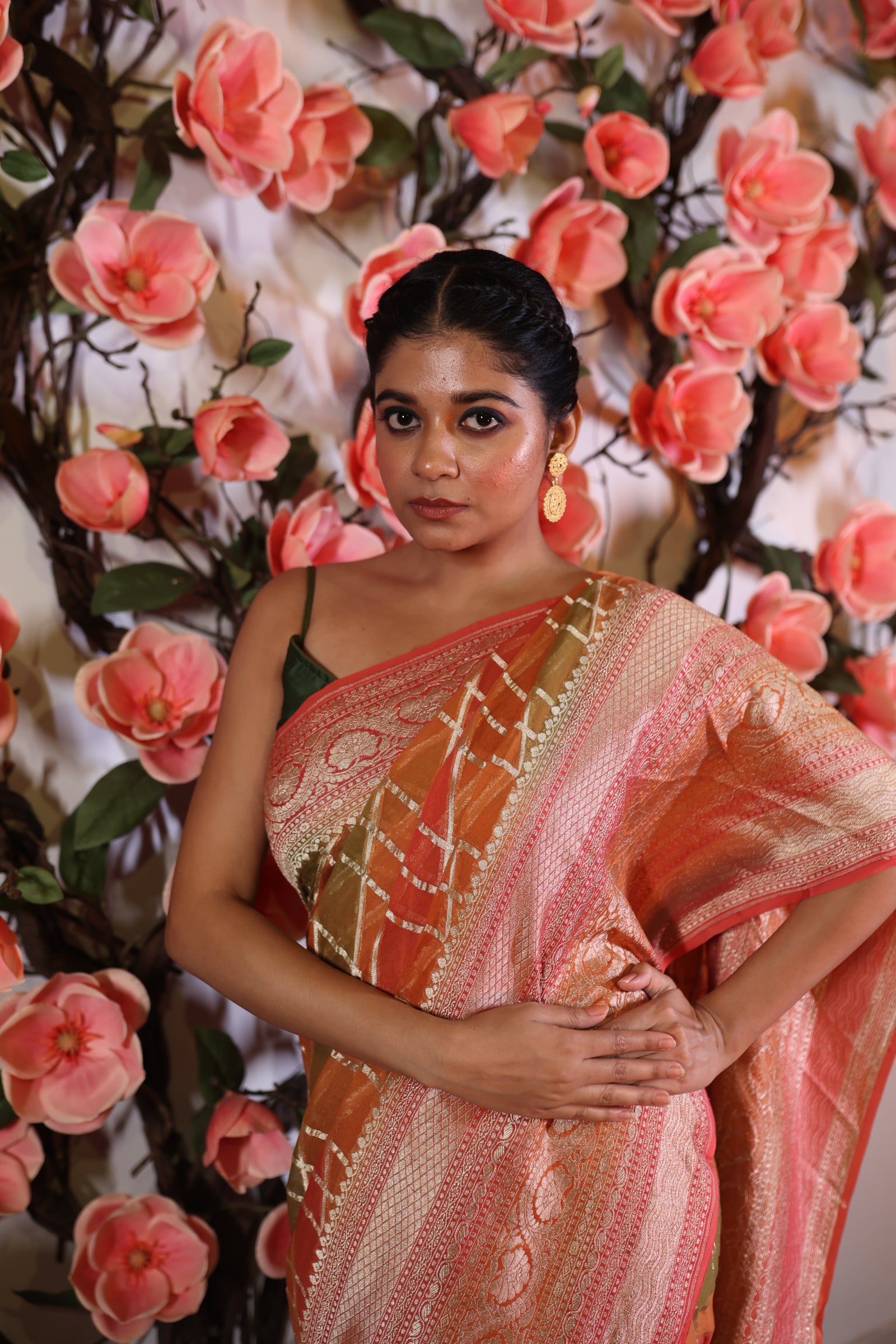 Checkers || All over Multi-coloured Checks Khaddi Georgette Banarasi Saree with Coral Pink and Matte Gold Zari broad border