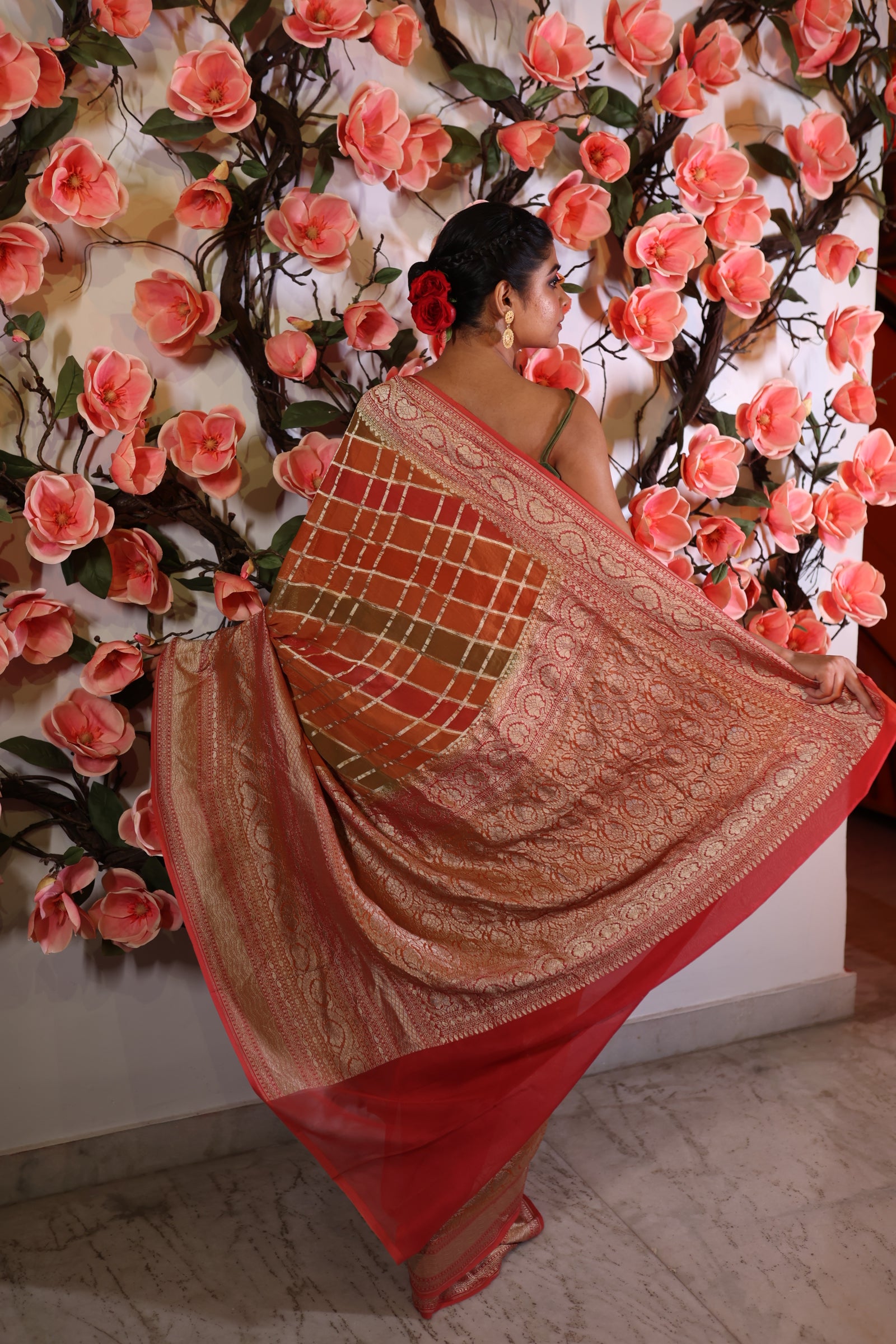 Checkers || All over Multi-coloured Checks Khaddi Georgette Banarasi Saree with Coral Pink and Matte Gold Zari broad border