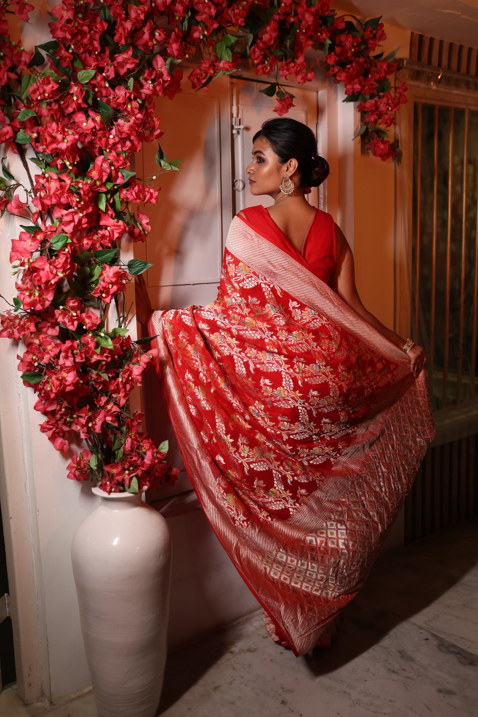 Mohini || Bright Red Khaddi Georgette Banarasi Saree with all over Rifling Handbrush Multi-colour & Matte Gold Zari Floral motif and Jaal