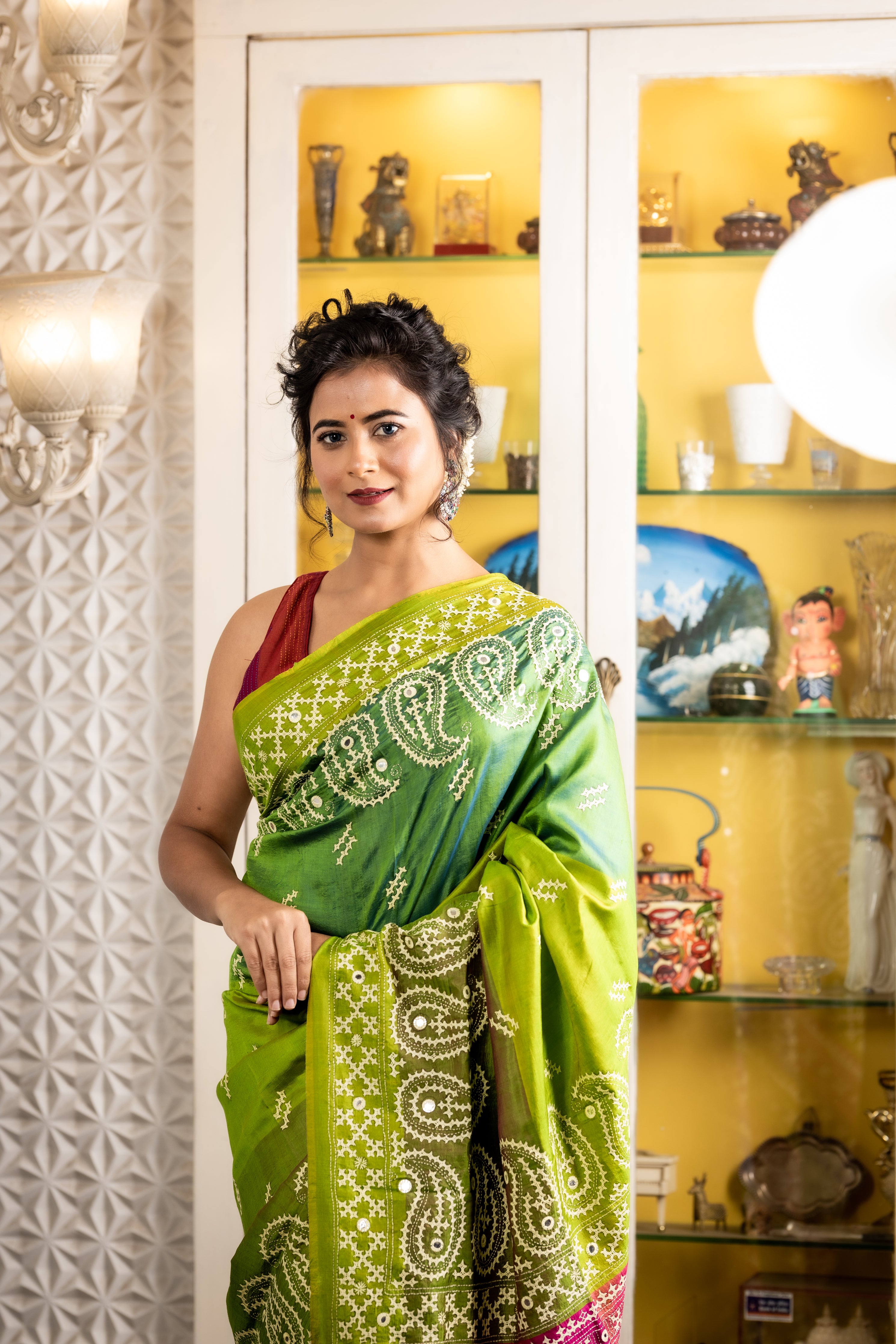 Prakriti || Parrot Green & Forest Green Colour Block Pure Bangalore Silk Kantha Stitch Embroidery Saree with all over White Traditional 'Kutchi' design and 3D Magenta-Violet Stripe Pallu