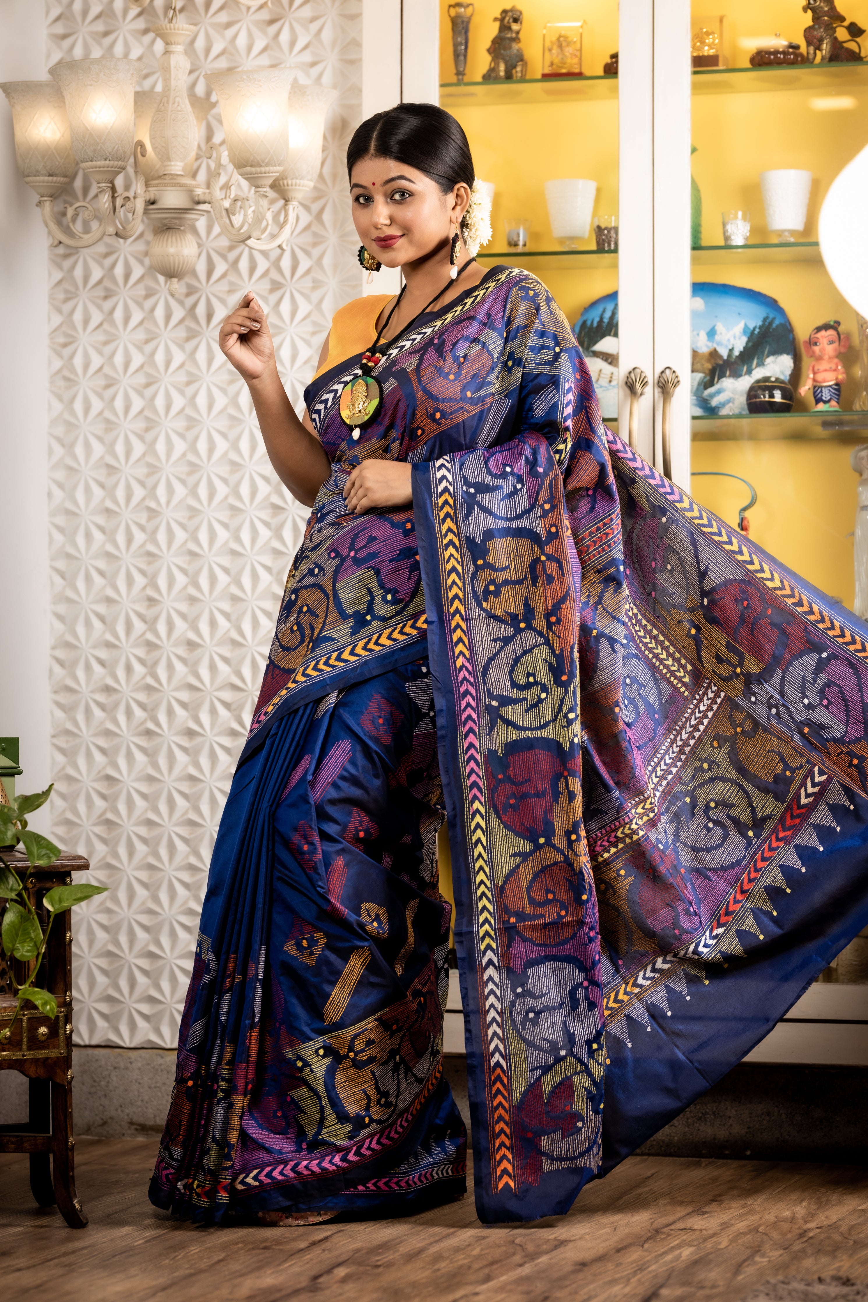 Sucharita || Royal & Navy Blue dual tone Bangalore Silk Kantha Stitch Embroidery Saree with Multi-colour Abstract motif on Half body, Border & Pallu