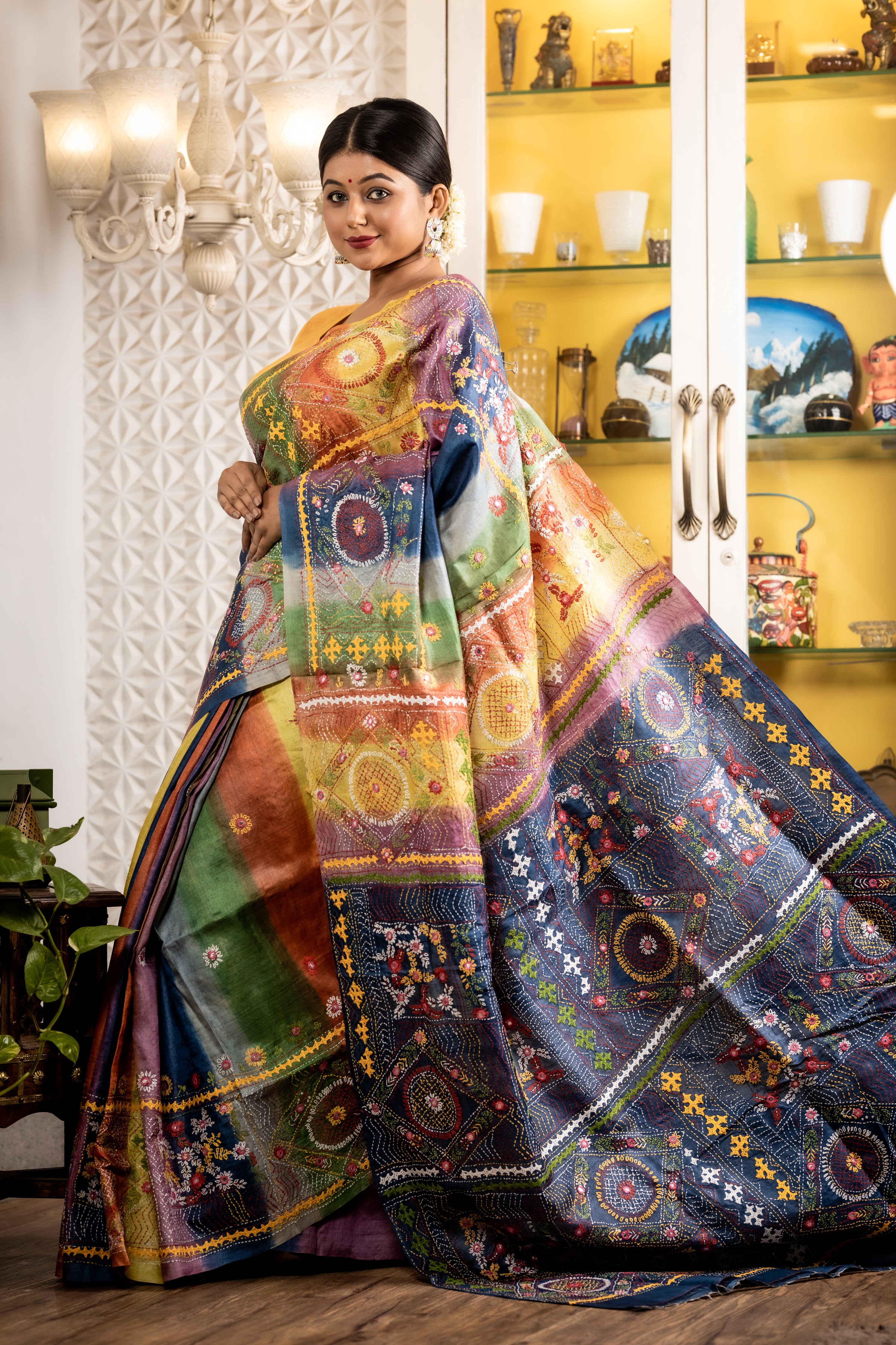 Labanya || Multi-colour Pure Tussar Silk Handloom Kantha Stitch Embroidery Saree with all over 6D Stripes and 'Lambani' work