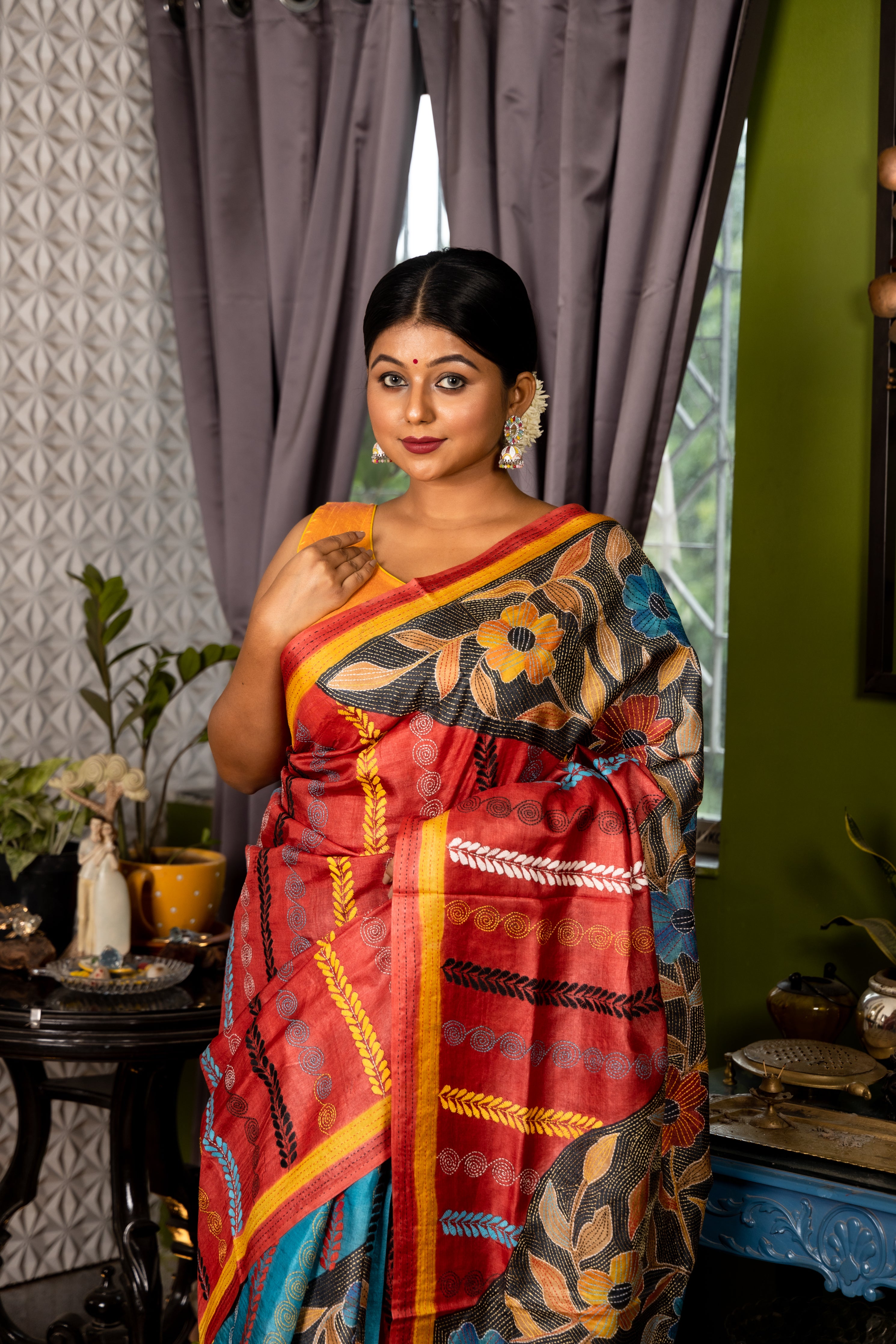 Nirupama || Firozi Blue, Beetroot Red & Black Colour Block Dye Pure Tussar Silk Kantha Stitch Embroidery Saree with all over Multi-colour half Floral motif & half Stripe Body & Pallu